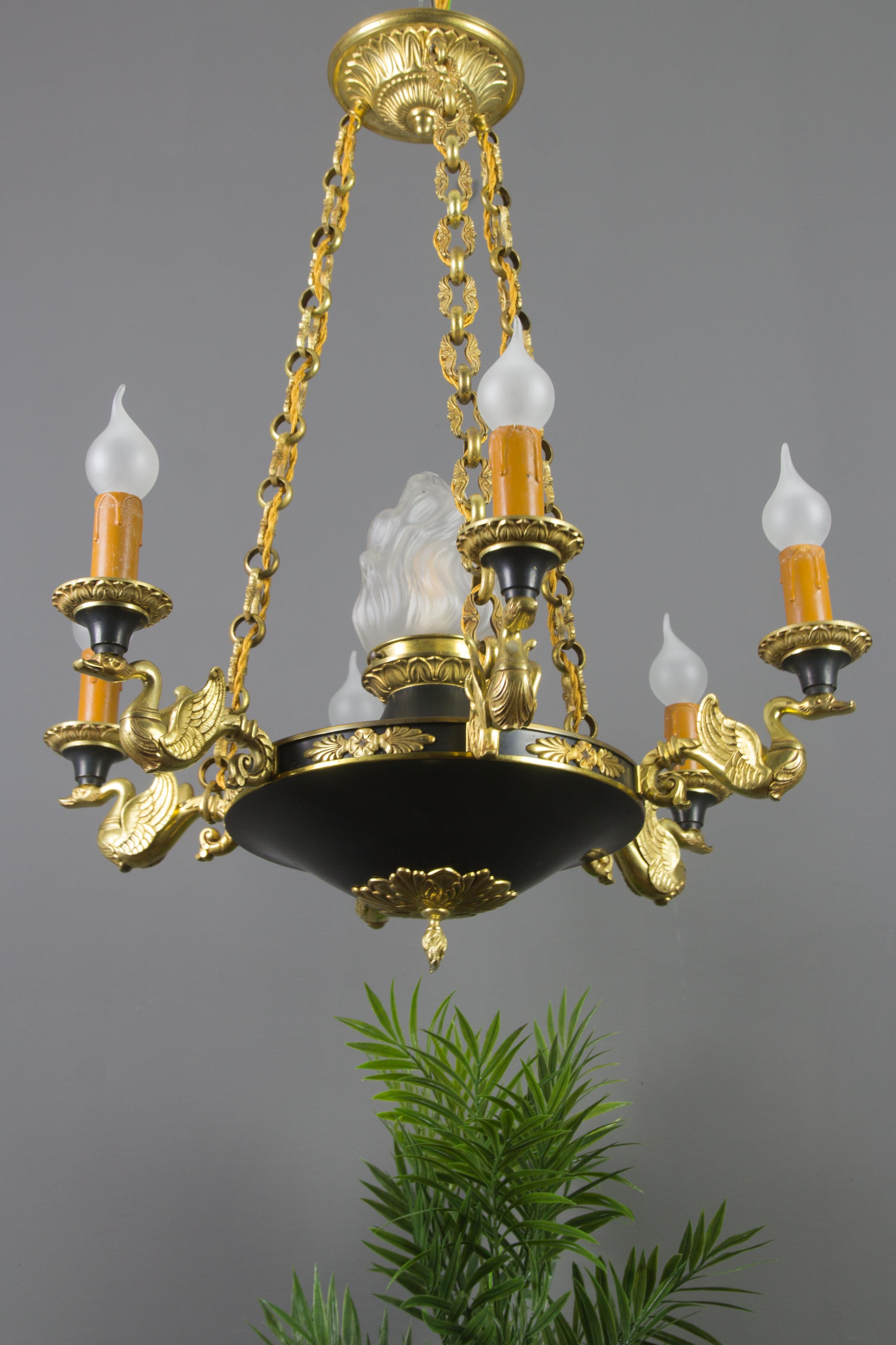 French Empire Style Seven-Light Bronze, Brass and Glass Chandelier, 1920s For Sale 4