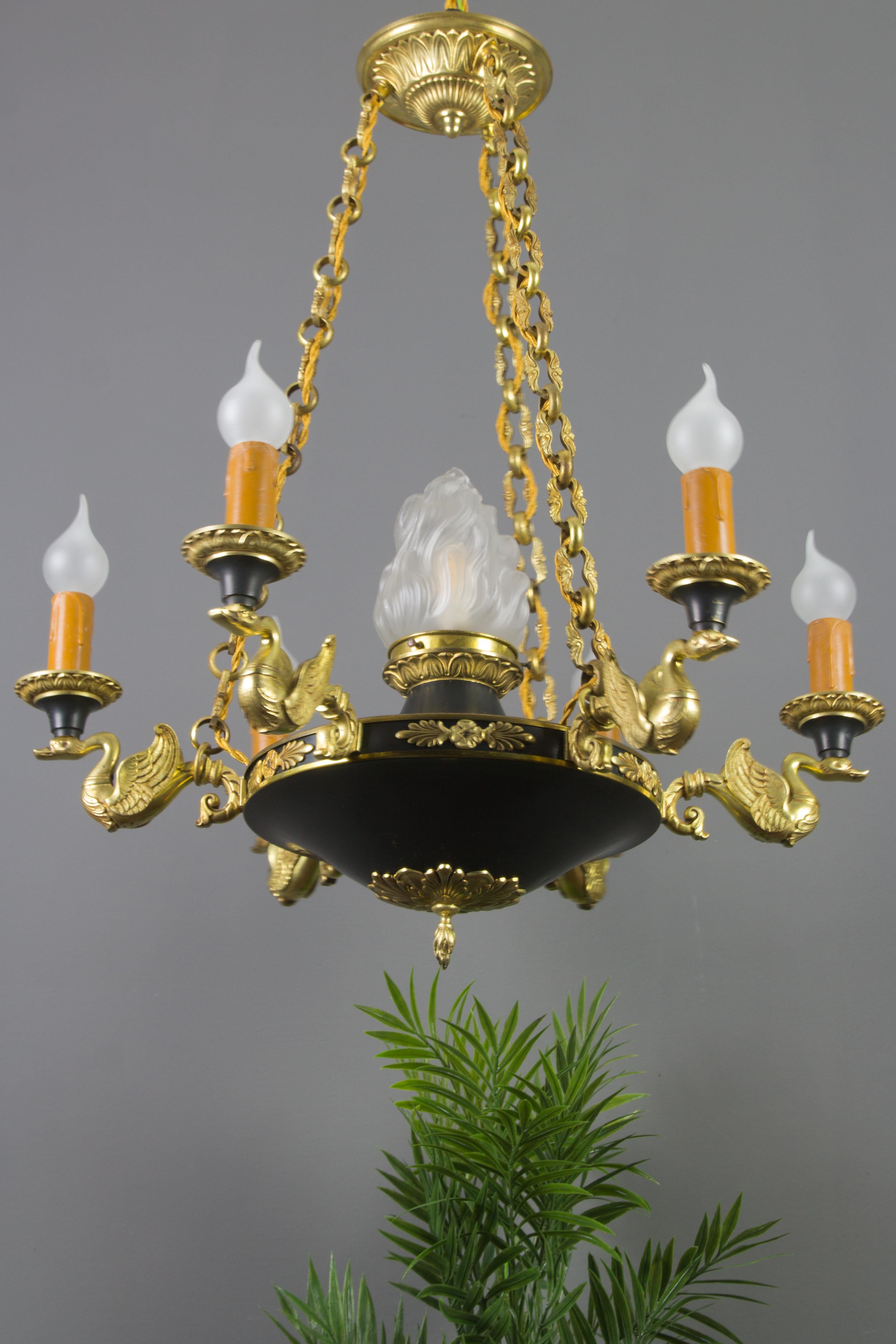 French Empire Style Seven-Light Bronze, Brass and Glass Chandelier, 1920s For Sale 5