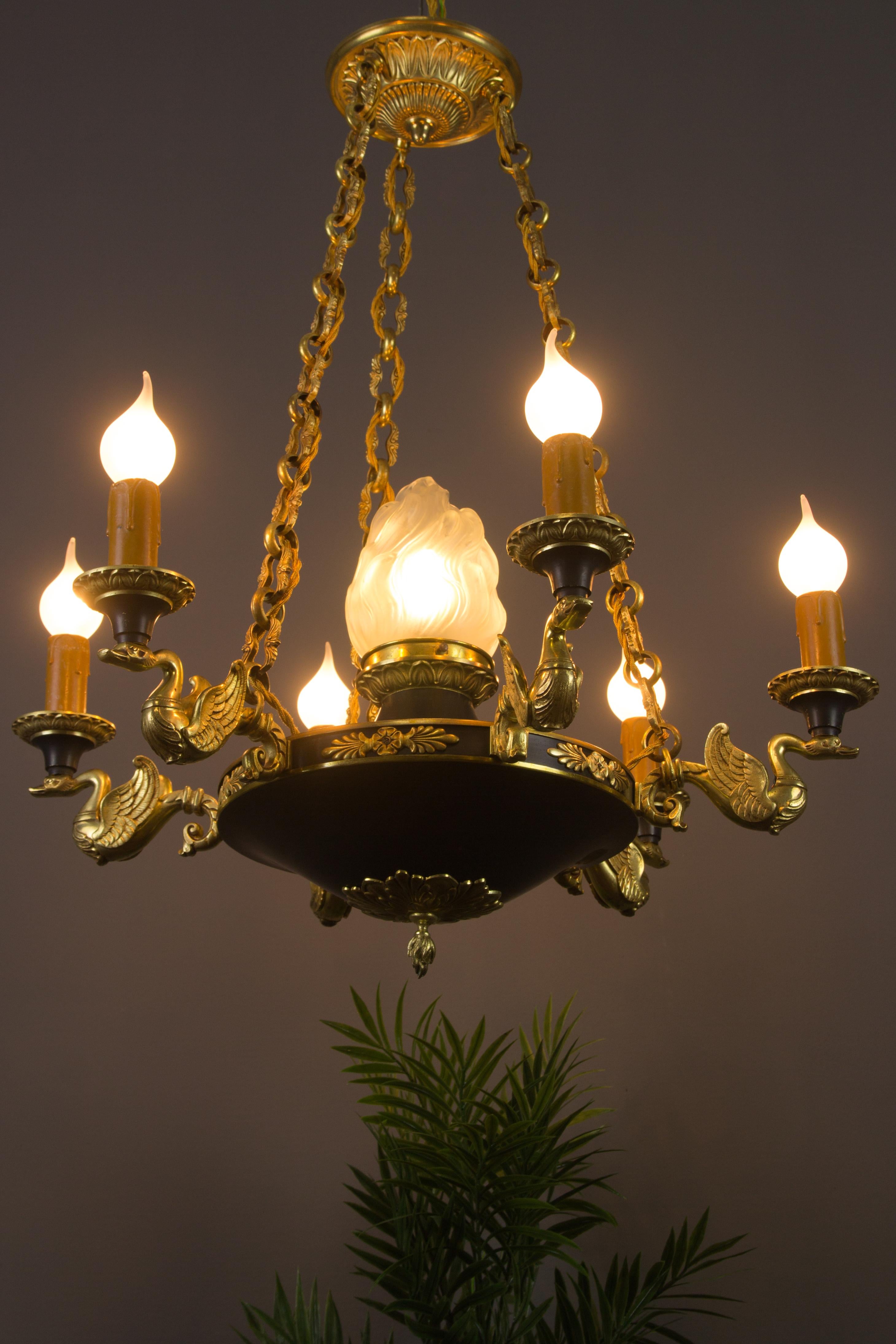 French Empire Style Seven-Light Bronze, Brass and Glass Chandelier, 1920s For Sale 6