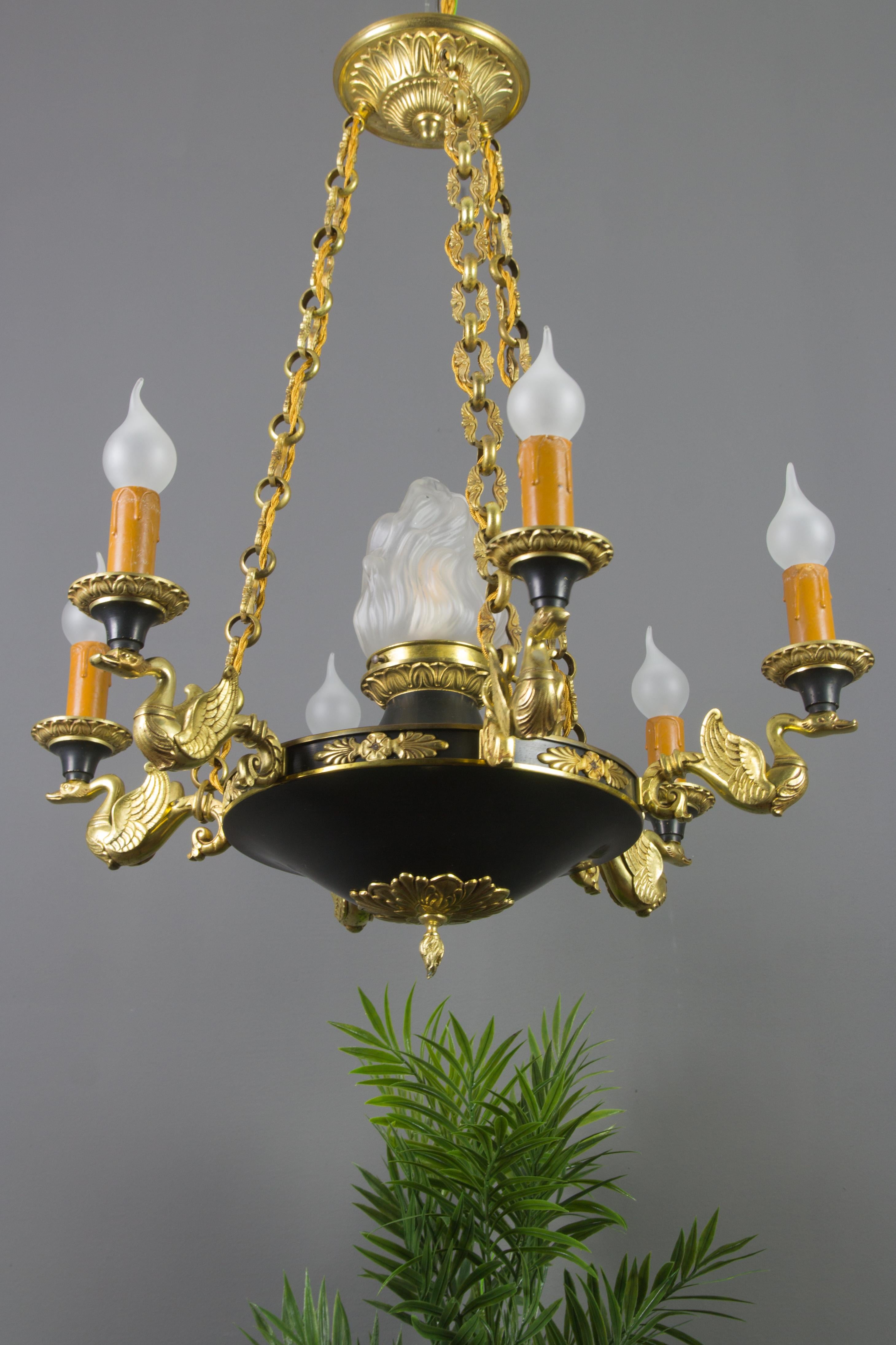 French Empire Style Seven-Light Bronze, Brass and Glass Chandelier, 1920s For Sale 7