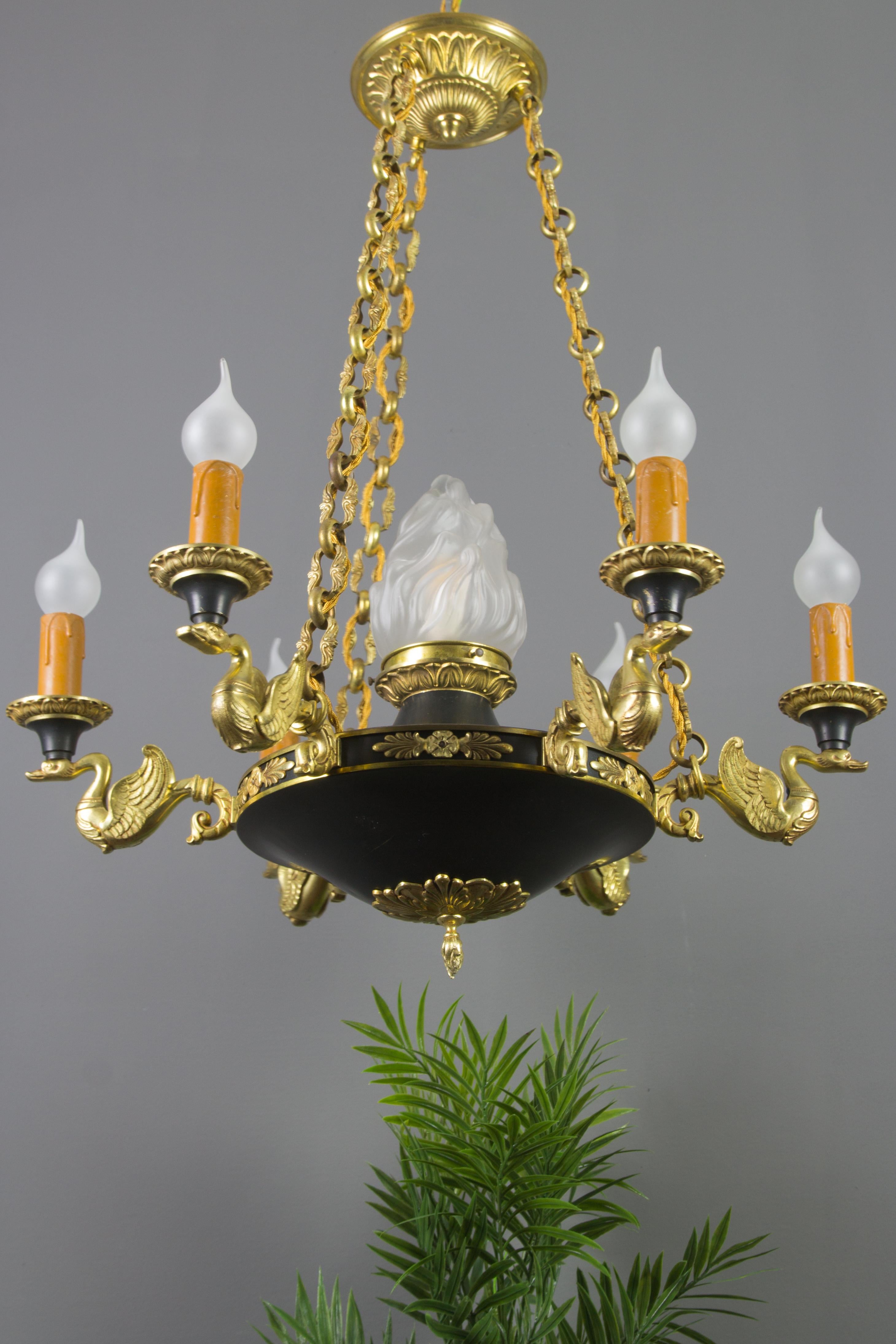 French Empire Style Seven-Light Bronze, Brass and Glass Chandelier, 1920s For Sale 11