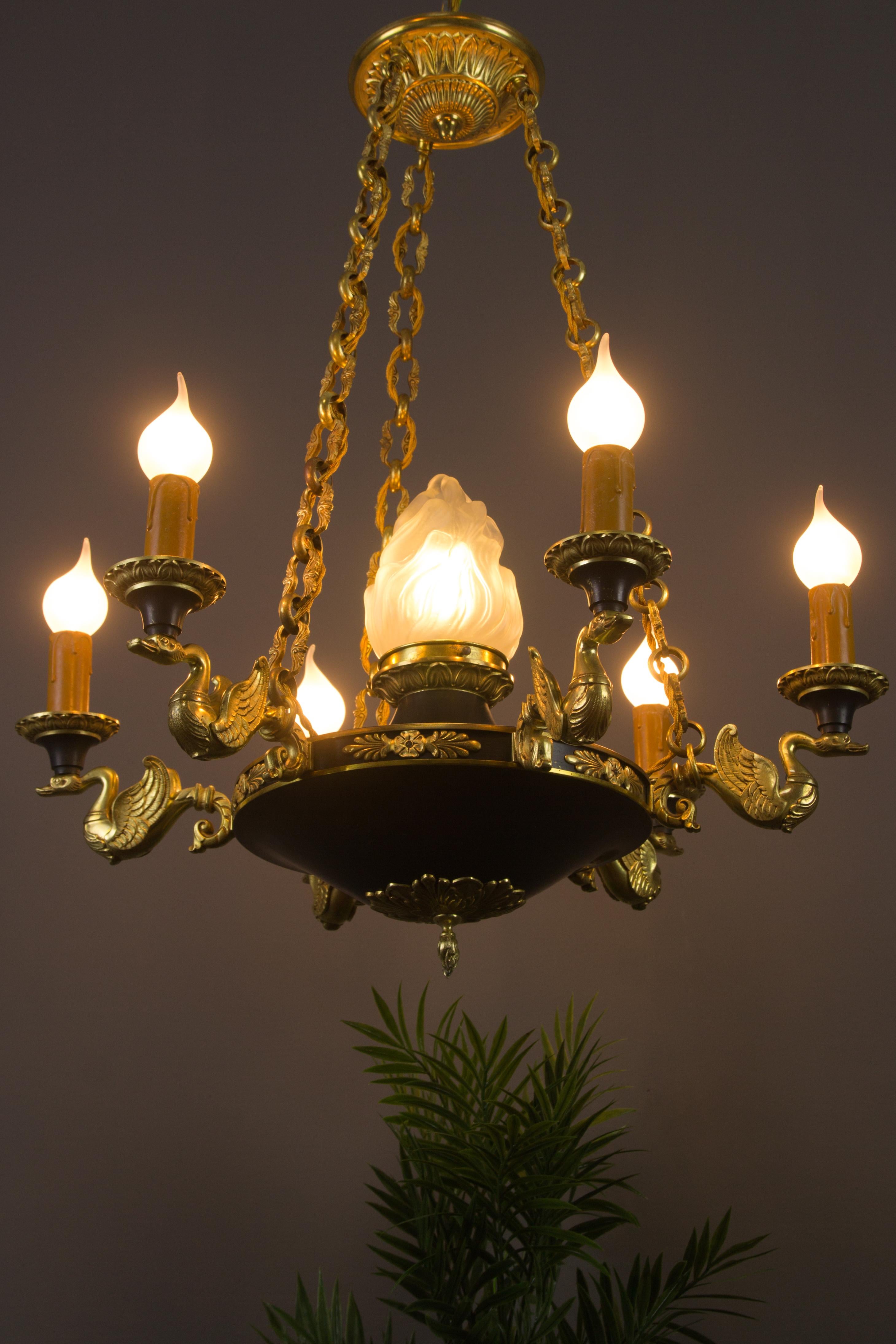French Empire Style Seven-Light Bronze, Brass and Glass Chandelier, 1920s For Sale 12