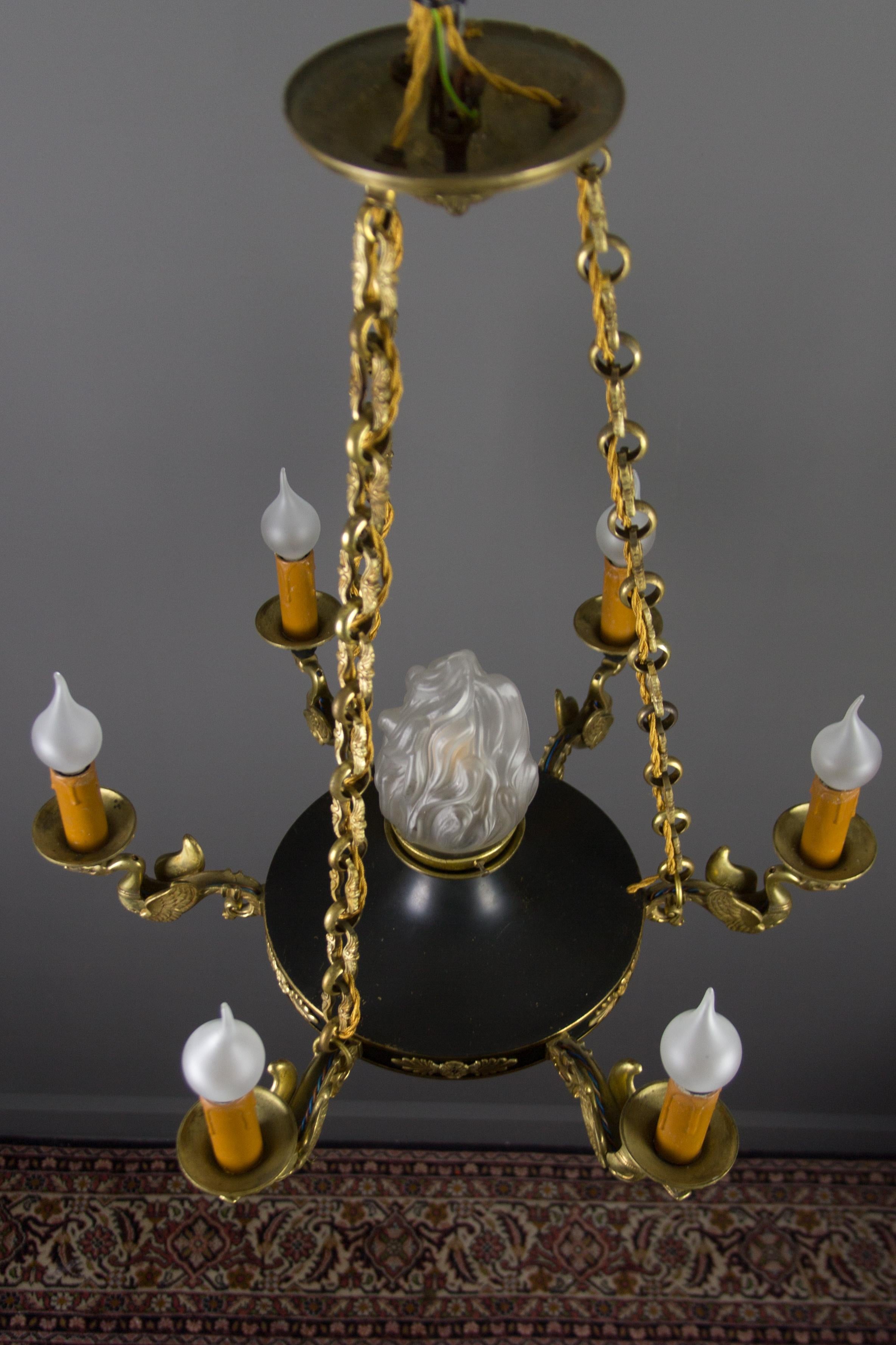 French Empire Style Seven-Light Bronze, Brass and Glass Chandelier, 1920s For Sale 1