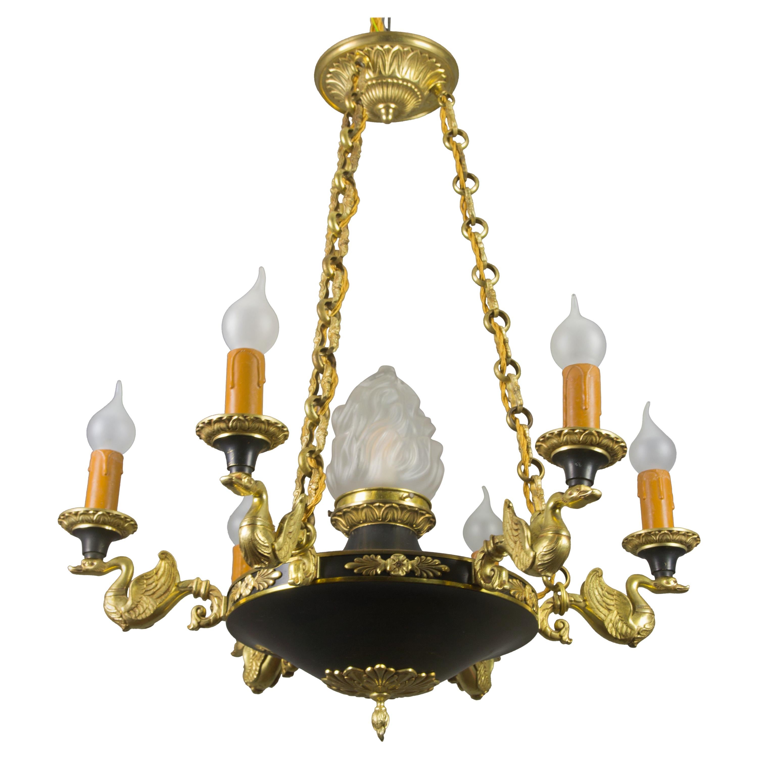 French Empire Style Seven-Light Bronze, Brass and Glass Chandelier, 1920s For Sale