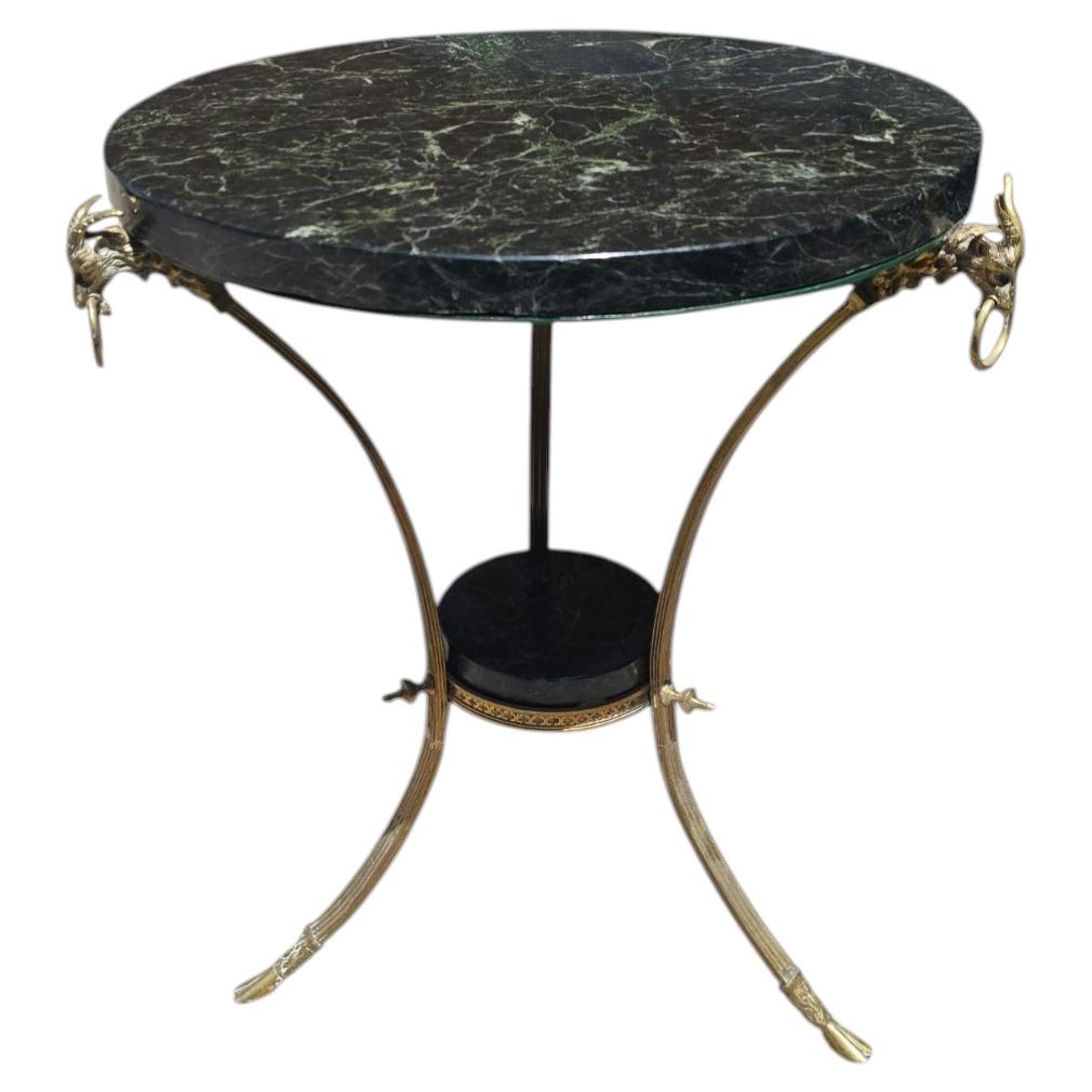 French Empire Style Side Table with Gilt Bronze Base and Green Marble Top, 1970s