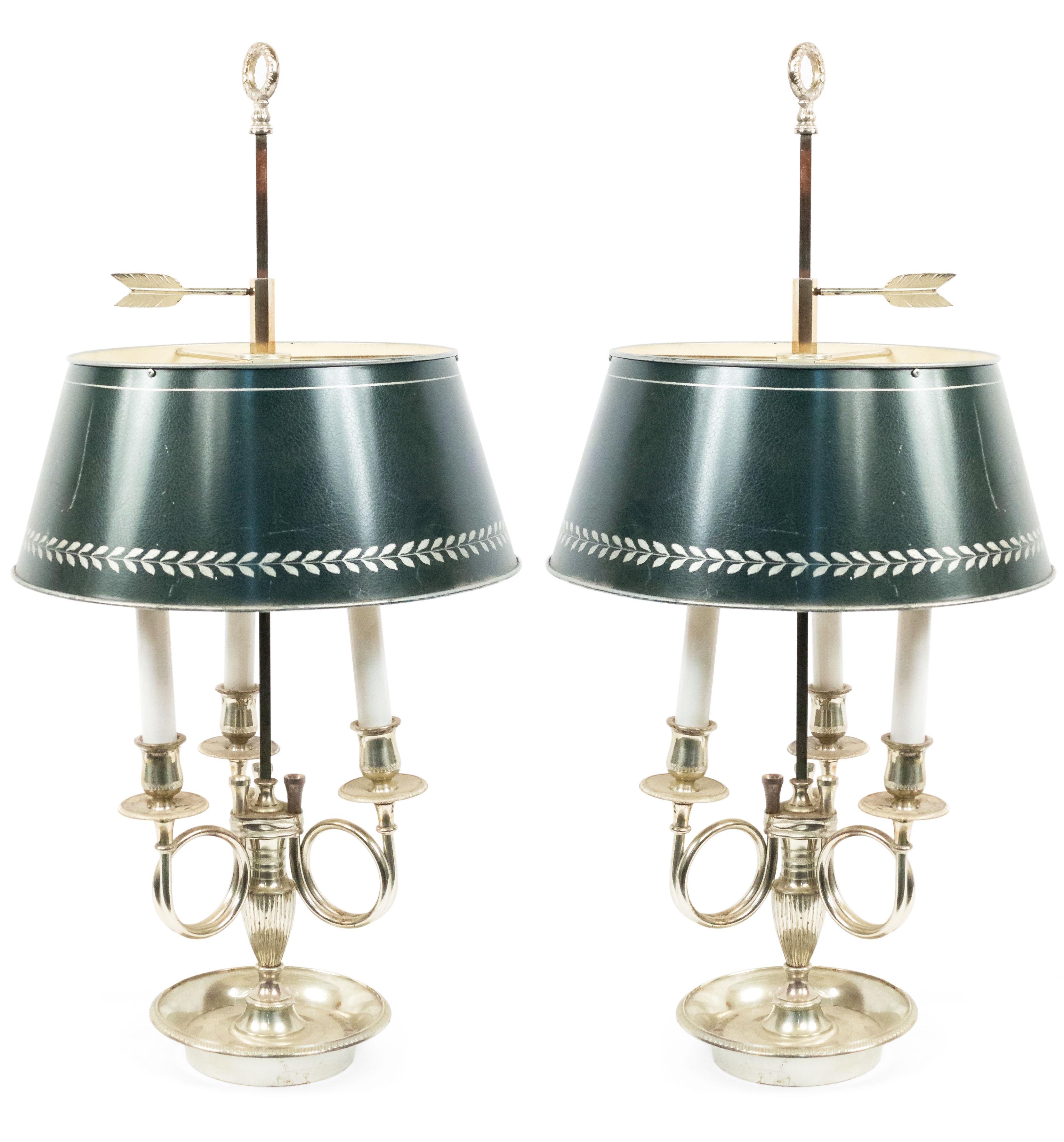 2 French Empire style 20th century silver plate 3-arm bouillotte table lamp with shade and horn motif. (Priced each).