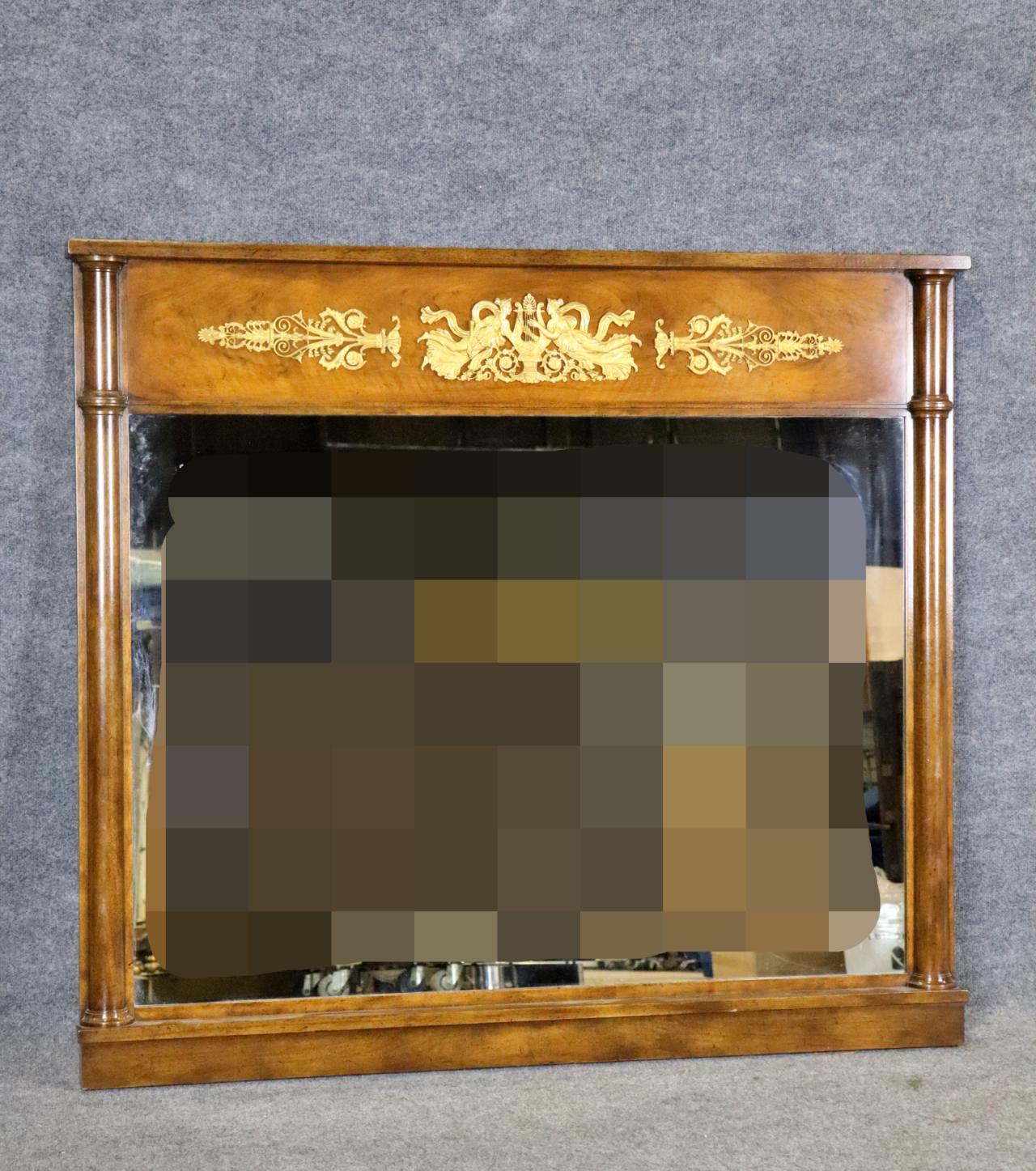 French Empire Style Solid Walnut Bronze Ormolu Mantel Buffet Wall Mirror For Sale 6