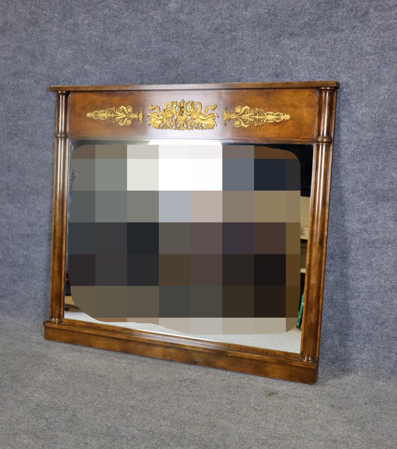 Unknown French Empire Style Solid Walnut Bronze Ormolu Mantel Buffet Wall Mirror For Sale