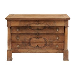 French Empire Style Stripped Four-Drawer Commode with Bookmarked Veneer, 1890s