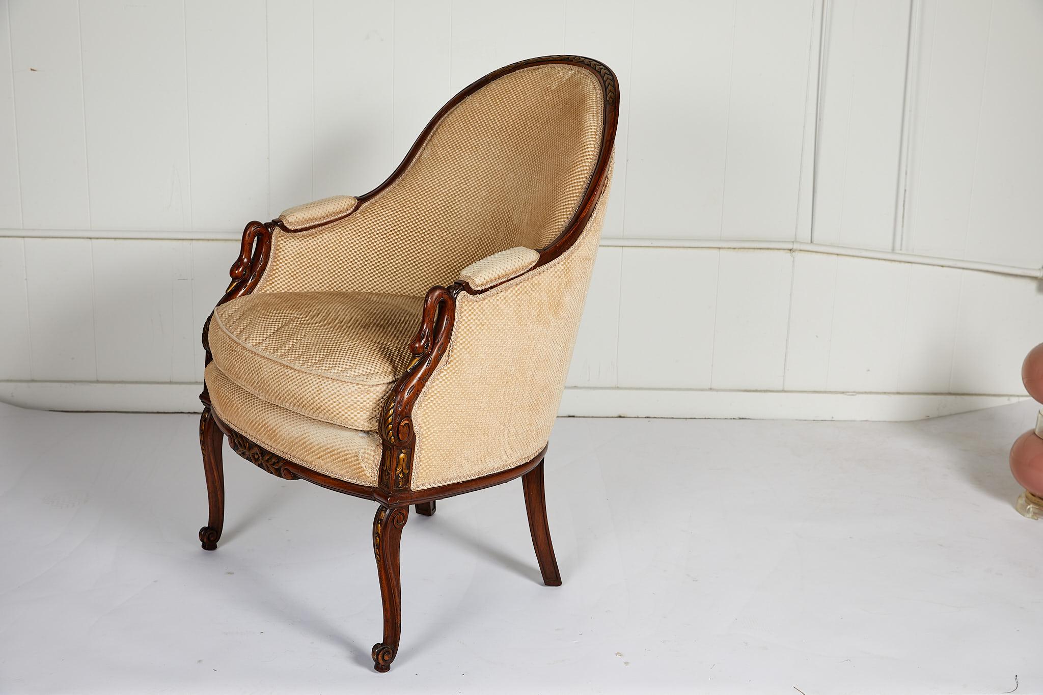 French Empire Style Swan Arm Tub Chair In Good Condition In Atlanta, GA