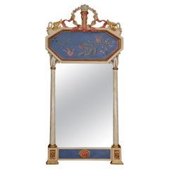 Vintage French Empire Style Swan Carved Blue Painted Gilded Wall Mirror