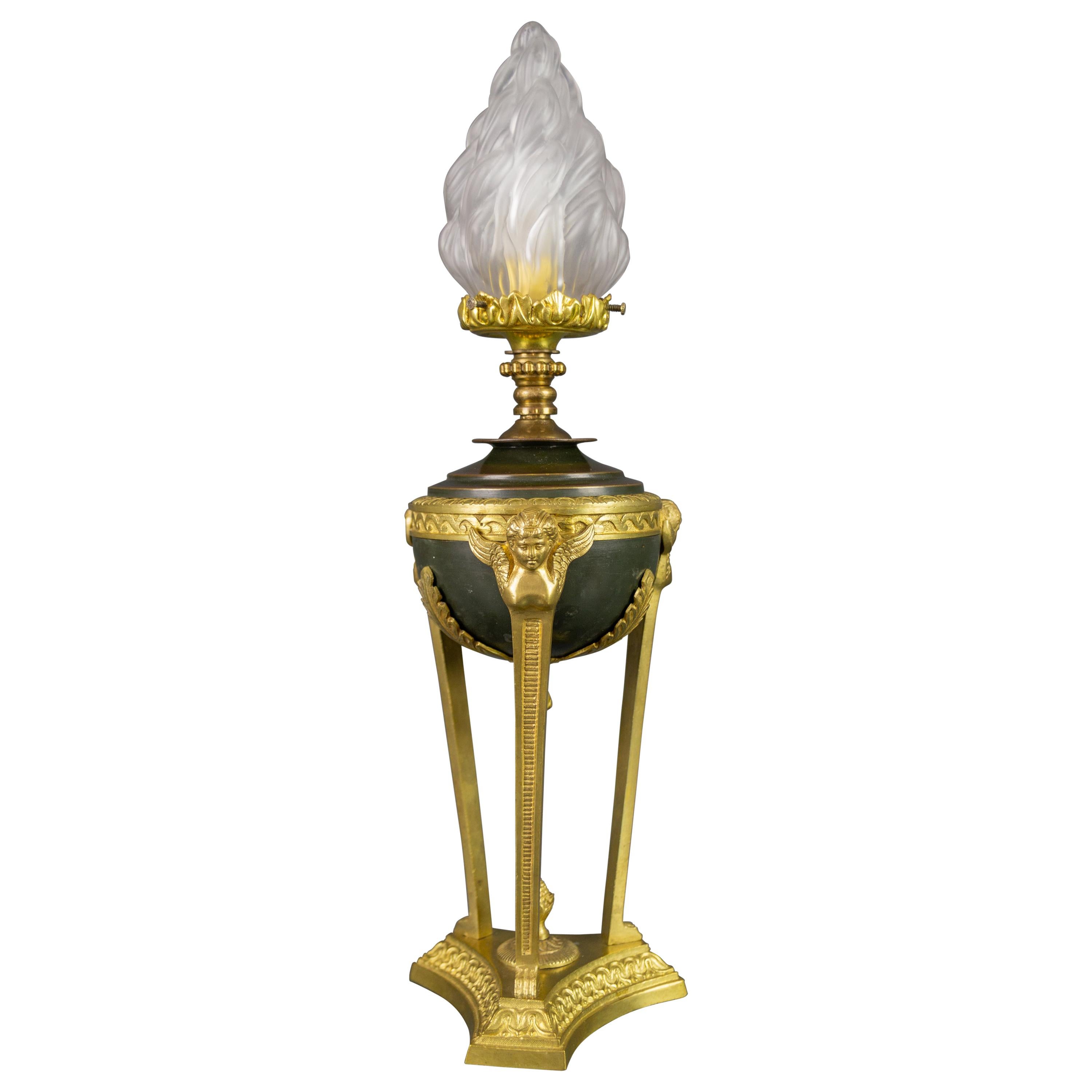 French Empire Style Table Lamp of Bronze and Flame Shaped Frosted Glass