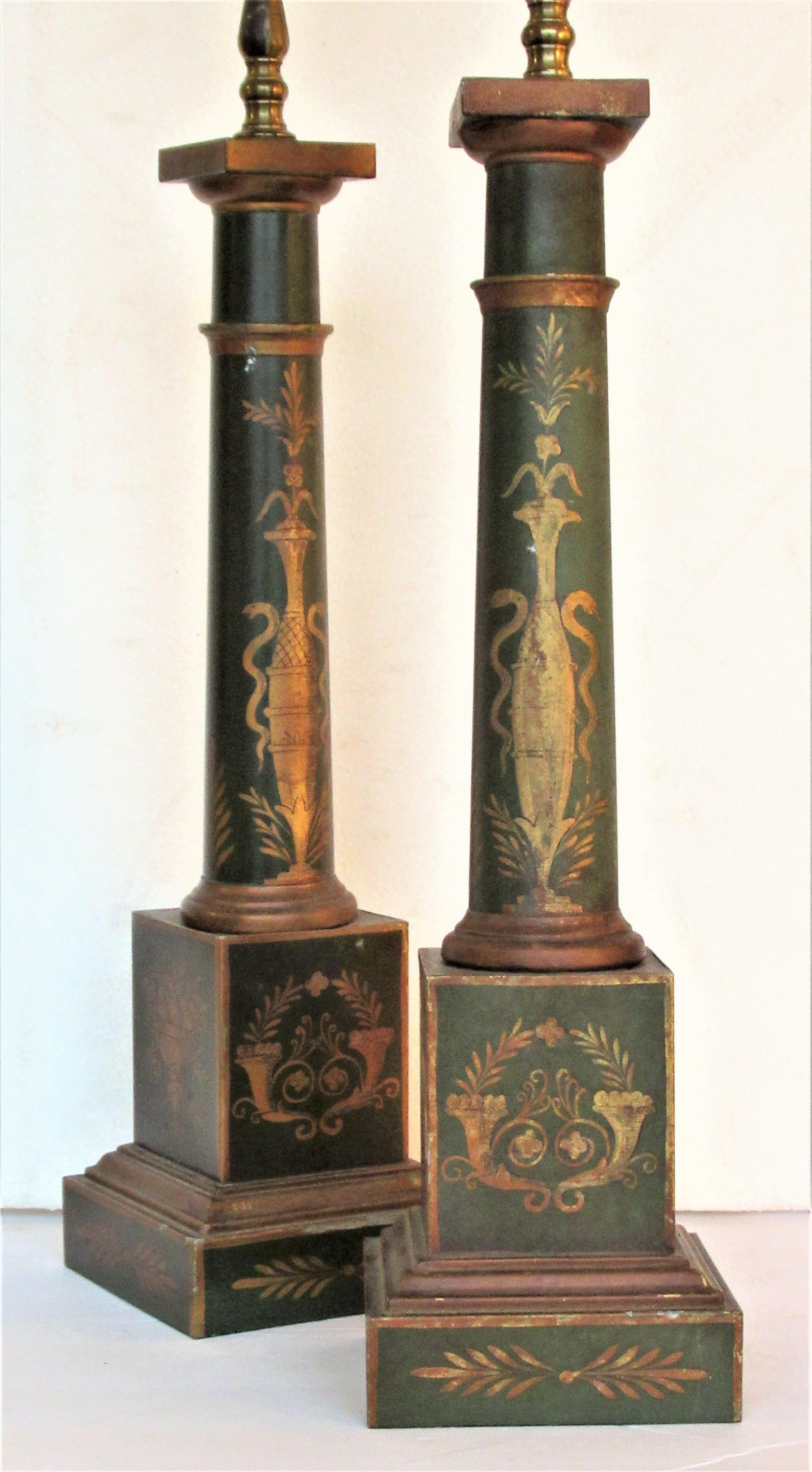 Gilt French Empire Style Tole Painted and Gilded Table Lamps