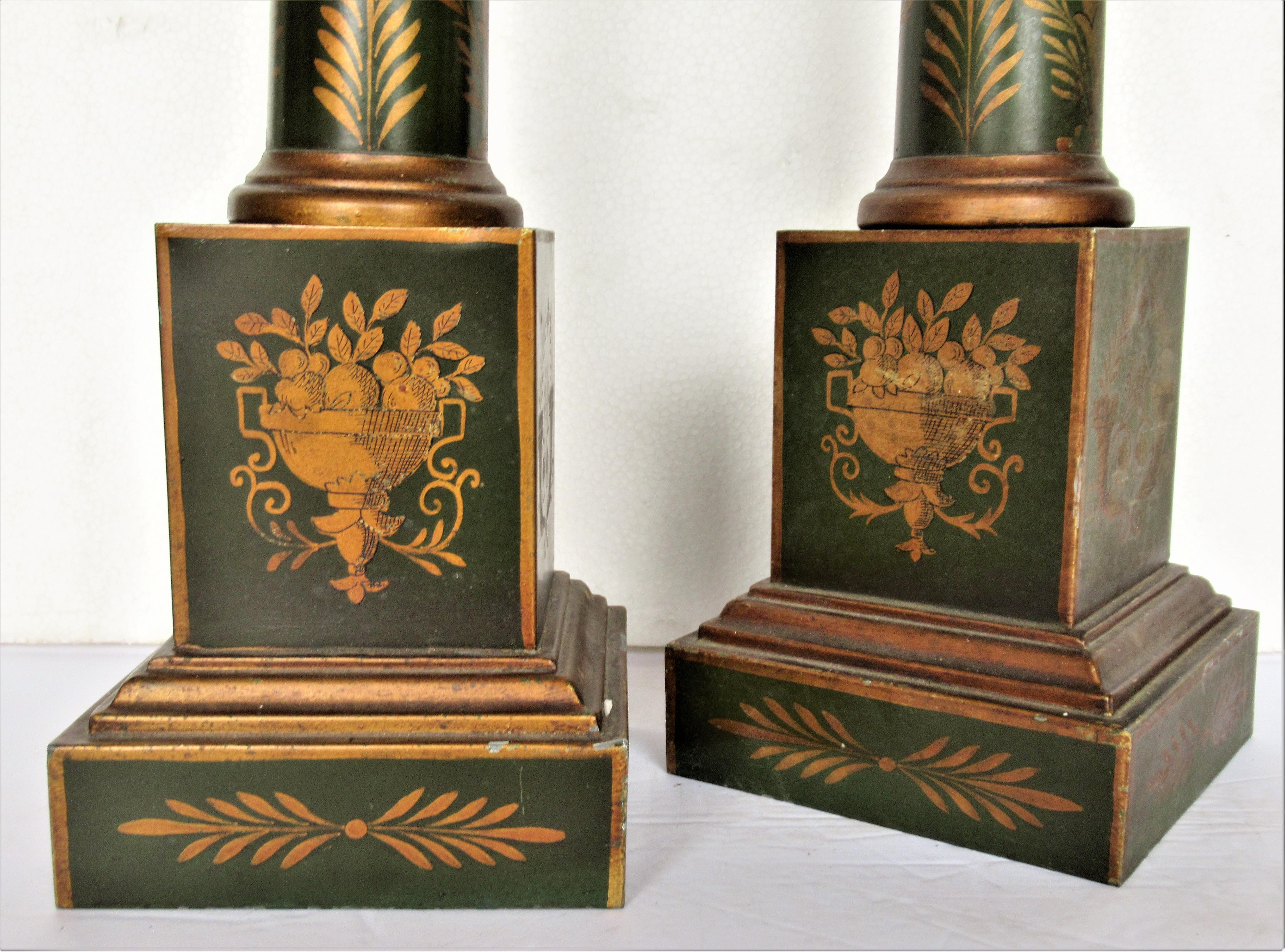 Brass French Empire Style Tole Painted and Gilded Table Lamps