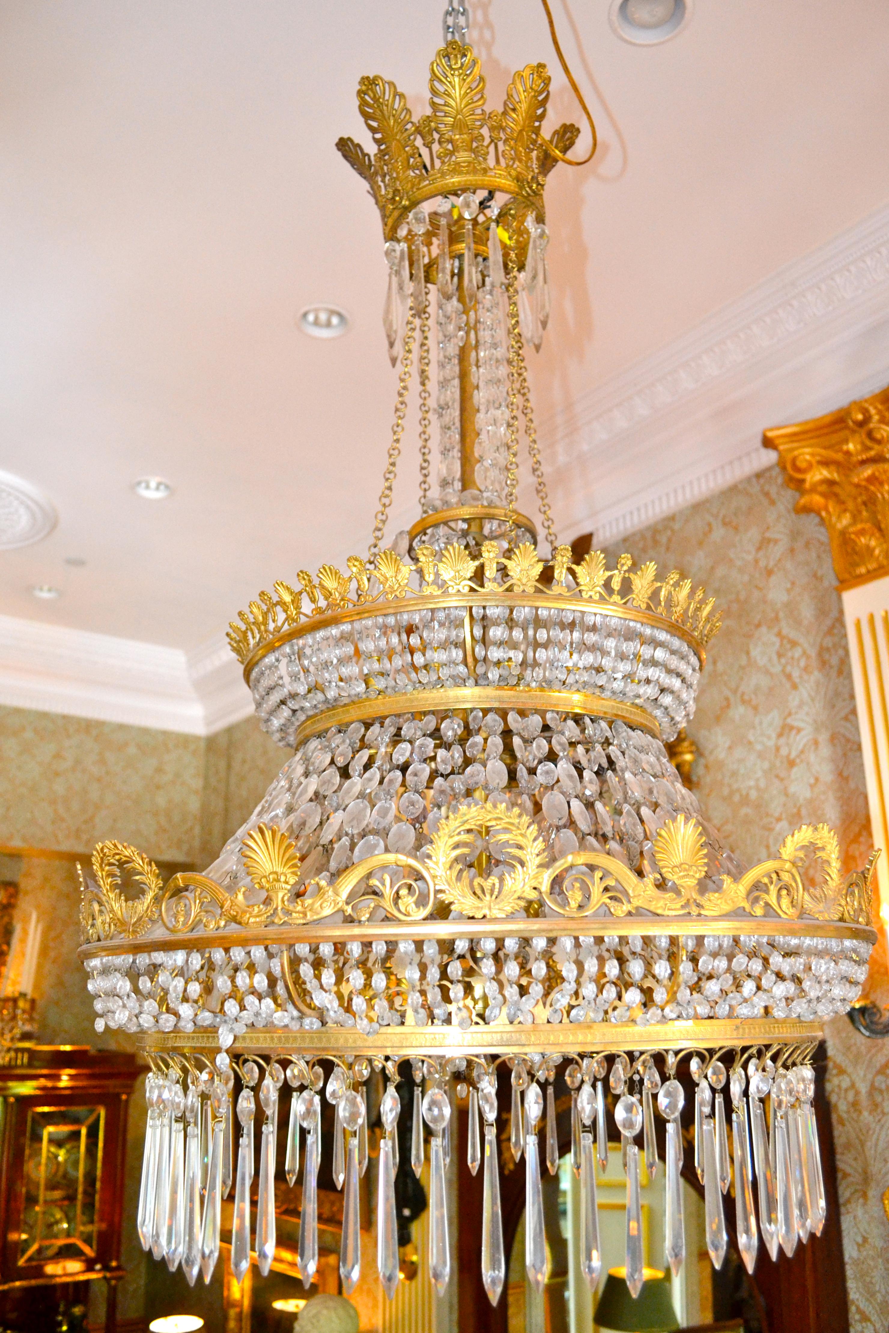 French Empire Style Triple Tiered Crystal and Bronze Chandelier For Sale 5