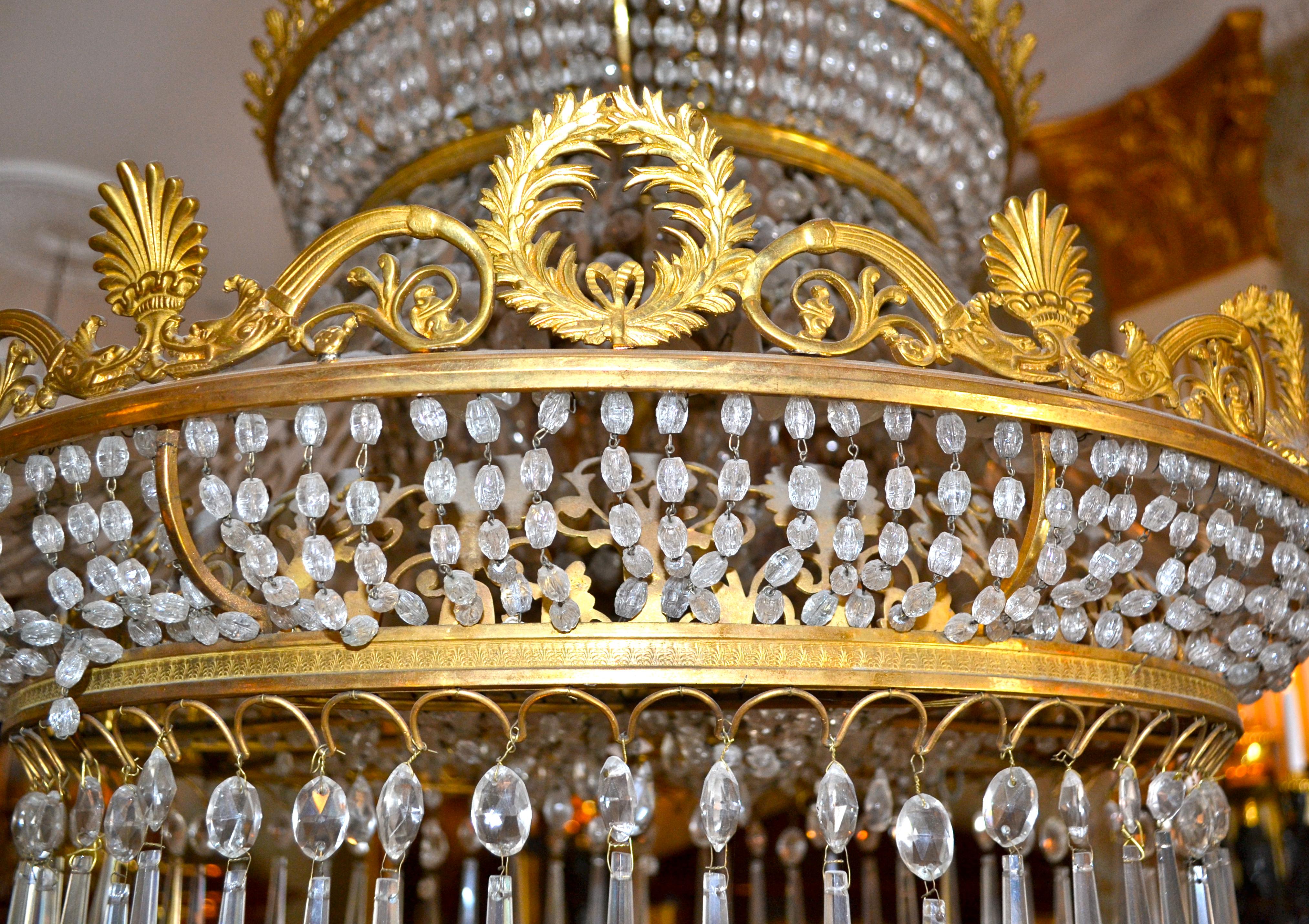 French Empire Style Triple Tiered Crystal and Bronze Chandelier For Sale 6