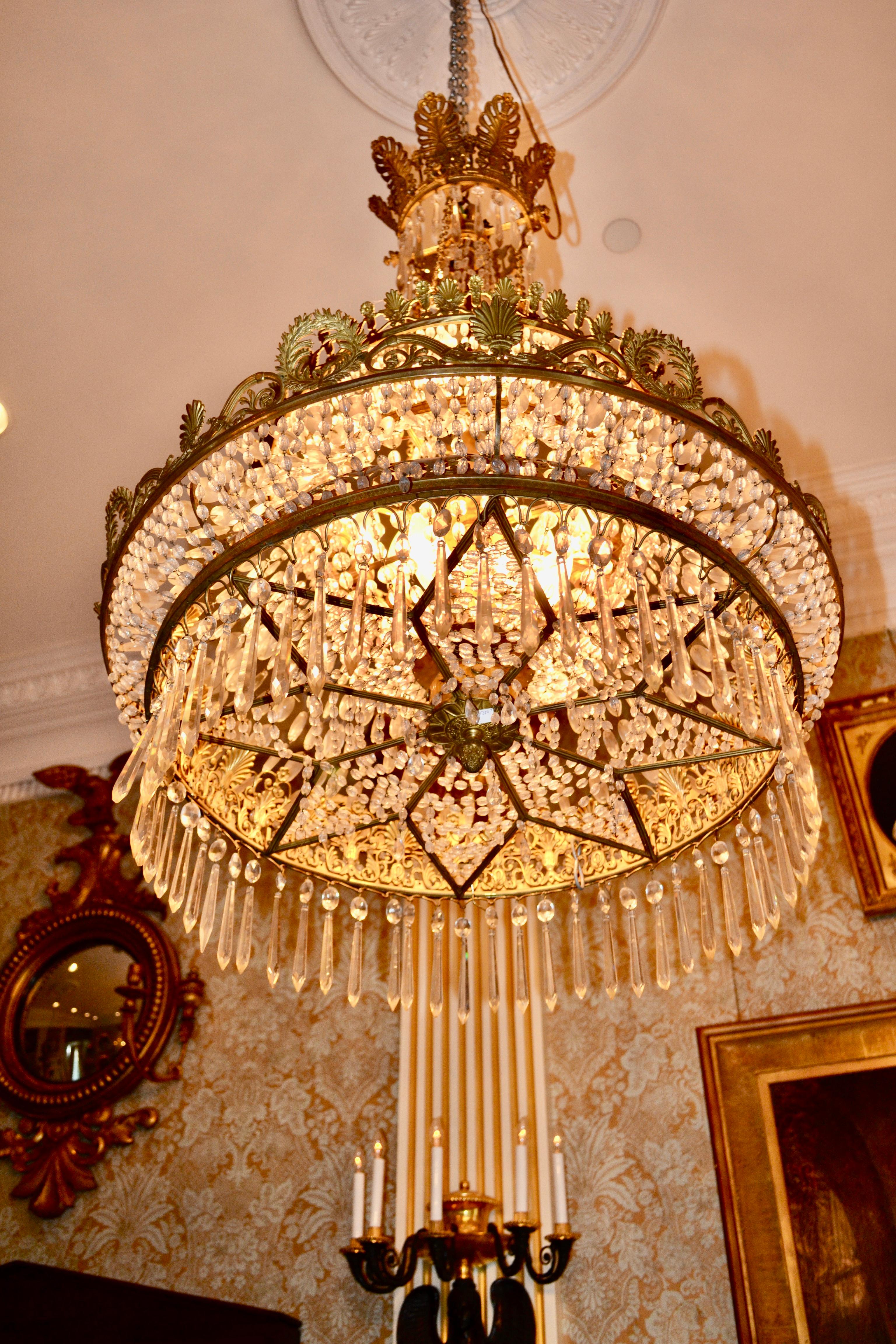 French Empire Style Triple Tiered Crystal and Bronze Chandelier For Sale 7