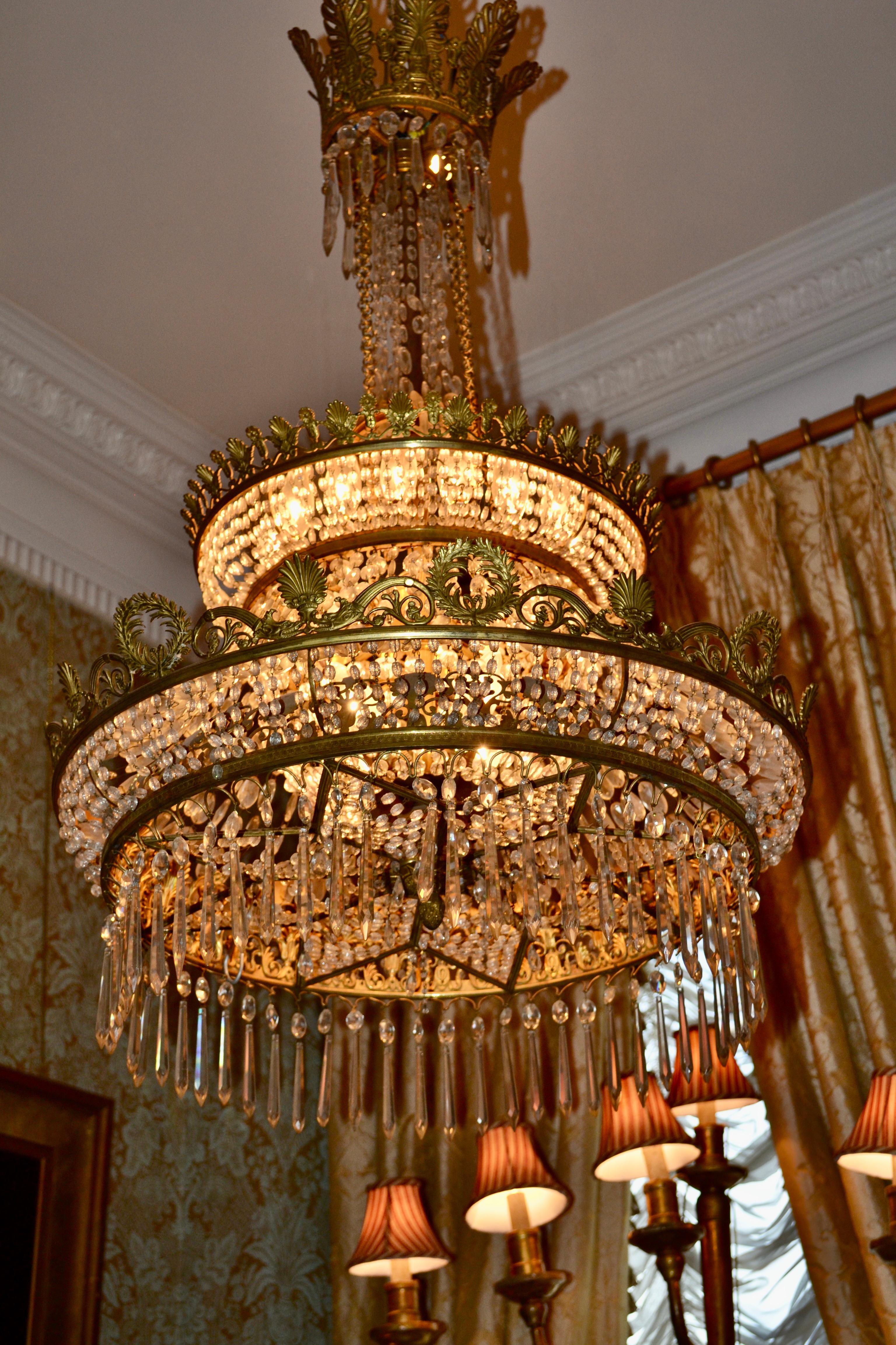 French Empire Style Triple Tiered Crystal and Bronze Chandelier For Sale 10