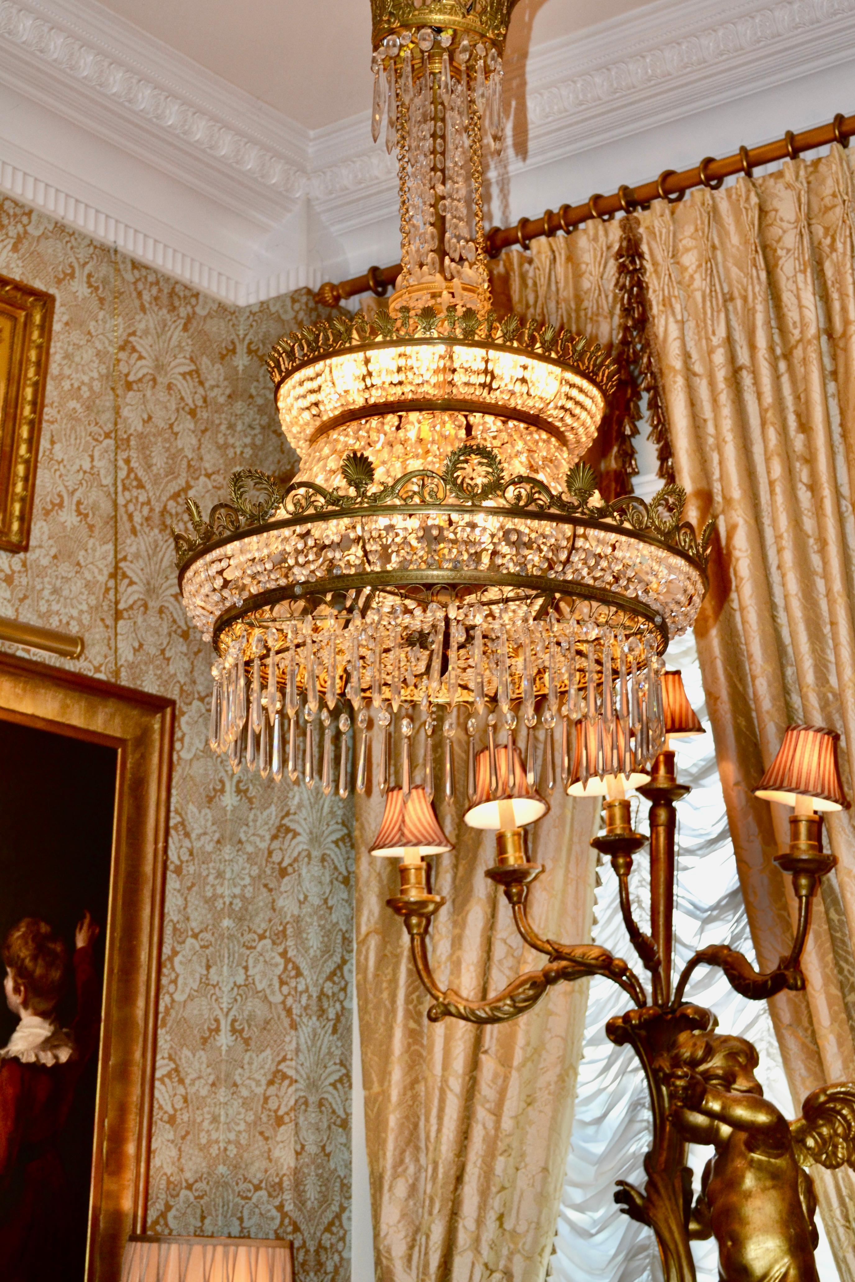 French Empire Style Triple Tiered Crystal and Bronze Chandelier For Sale 11