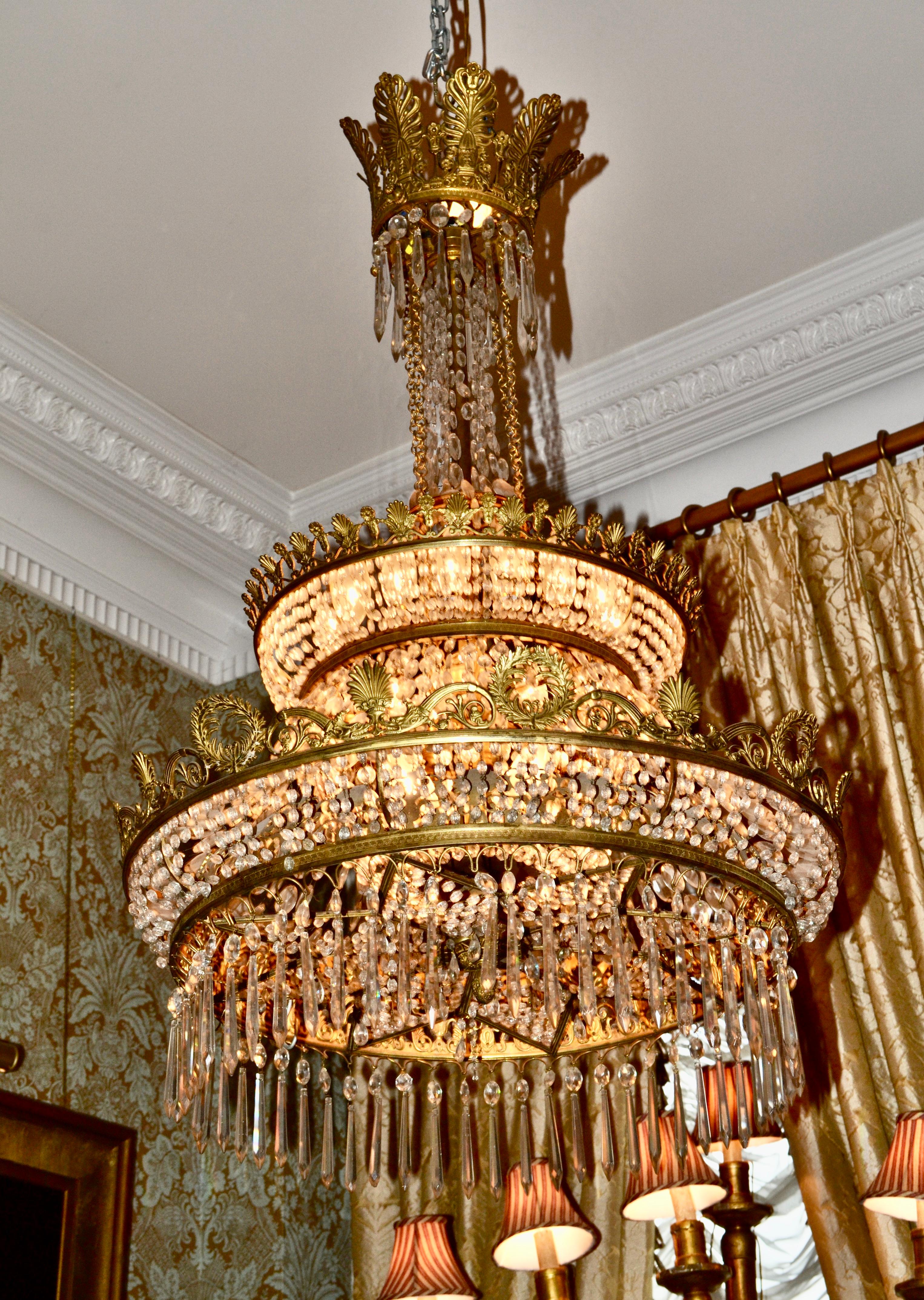 French Empire Style Triple Tiered Crystal and Bronze Chandelier For Sale 13