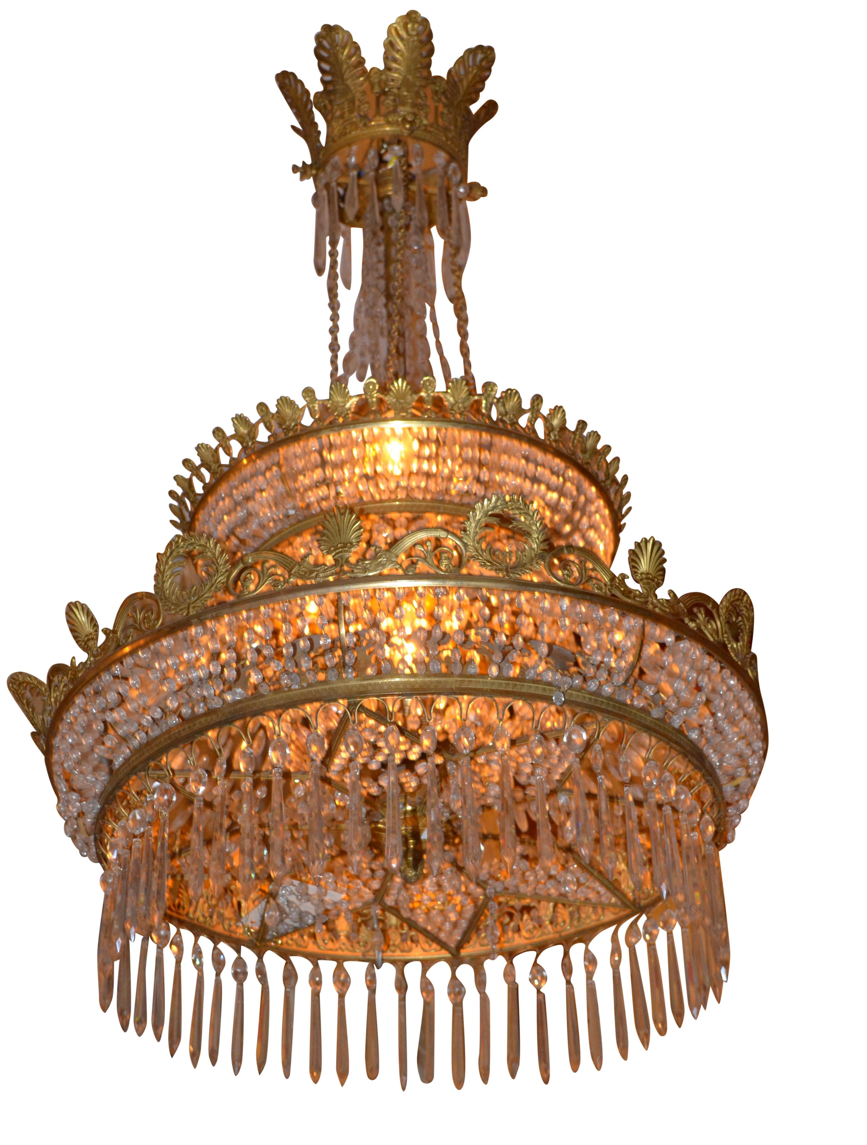 French Empire Style Triple Tiered Crystal and Bronze Chandelier For Sale 1