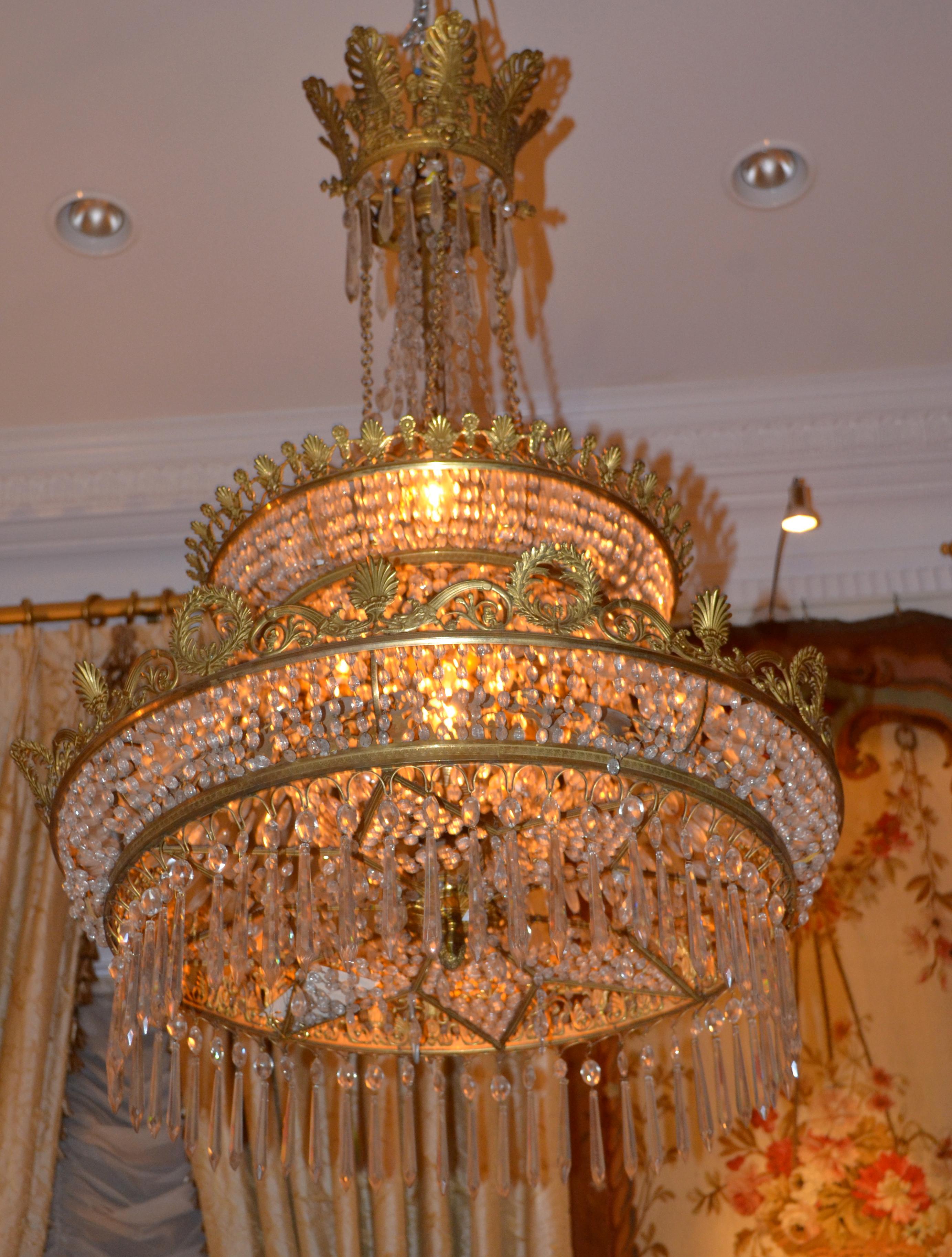 French Empire Style Triple Tiered Crystal and Bronze Chandelier For Sale 2