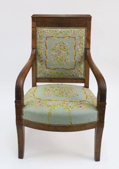 French Empire style walnut Armchair - blue green yellow - France 19th