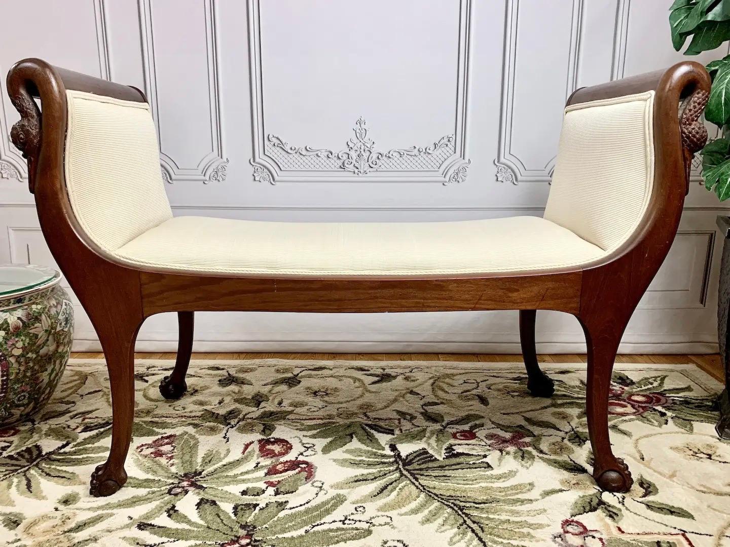 French Empire Style Bench with Hand-Carved Swan Figureheads In Good Condition For Sale In Middletown, MD