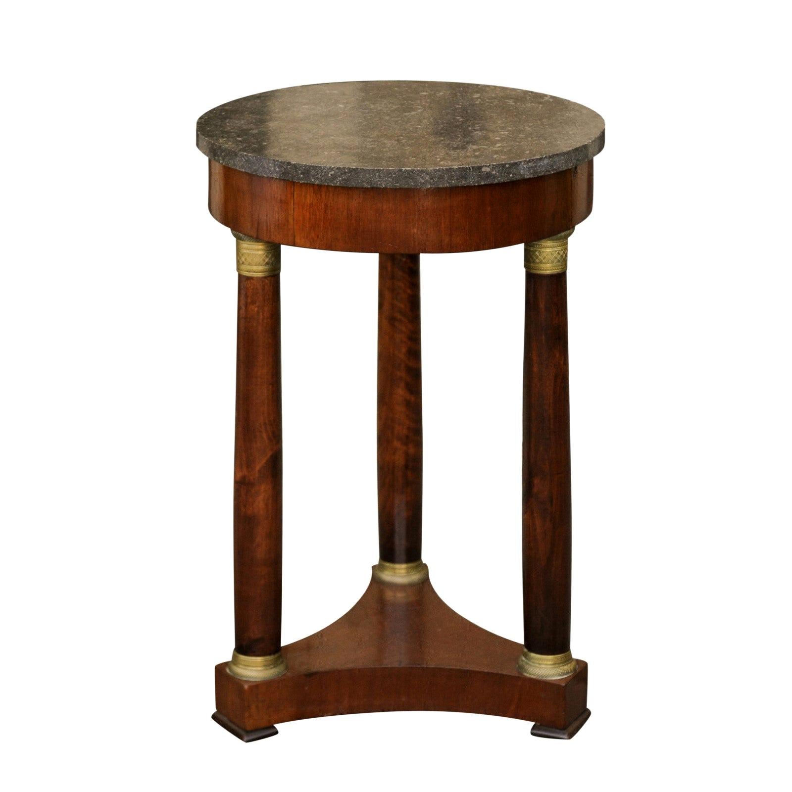 French Empire Style Walnut Gueridon Table with Marble Top and Ormolu Mounts