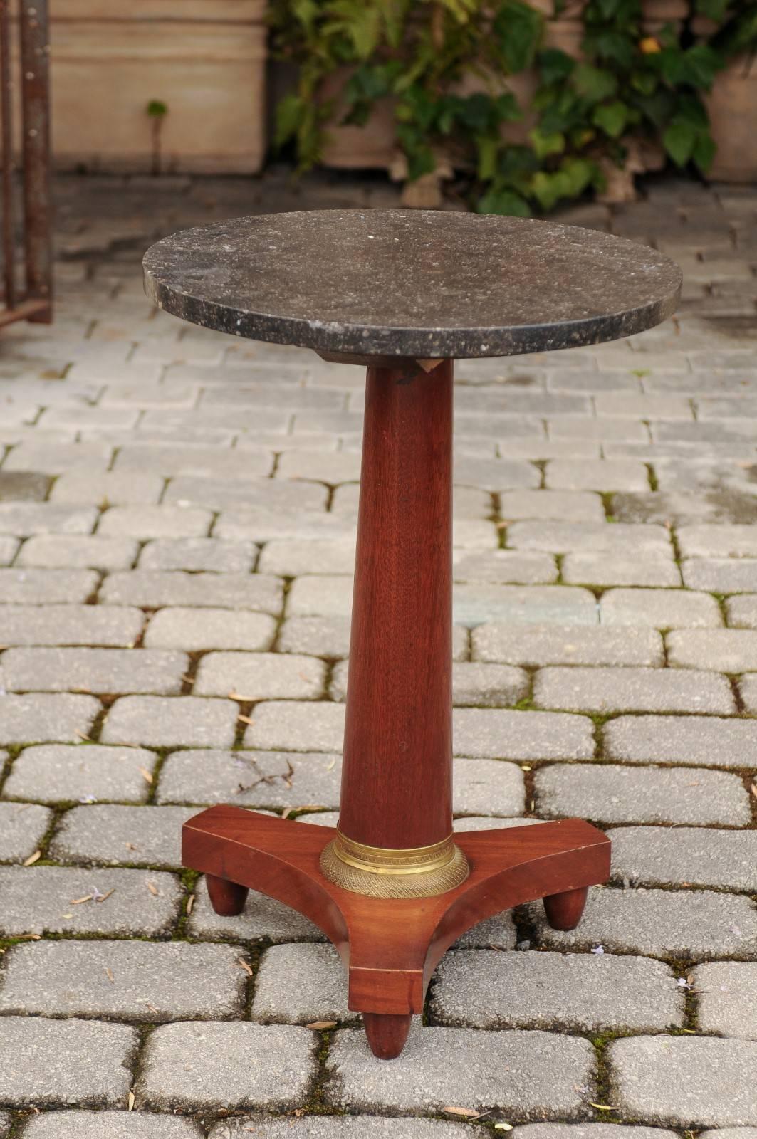 French Empire Style Walnut Gueridon Table with Grey Marble Top and Bronze Mount In Good Condition In Atlanta, GA