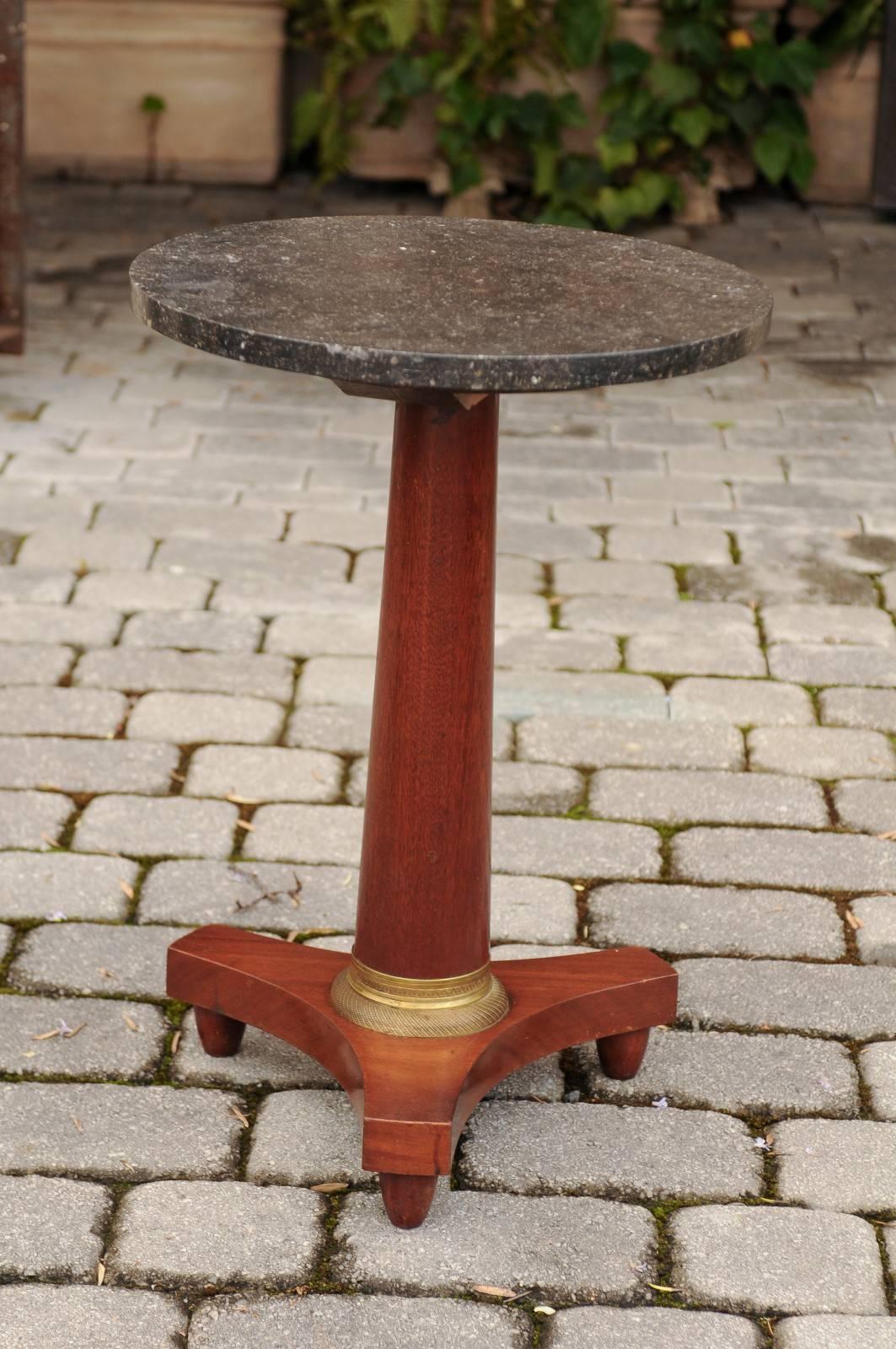 19th Century French Empire Style Walnut Gueridon Table with Grey Marble Top and Bronze Mount