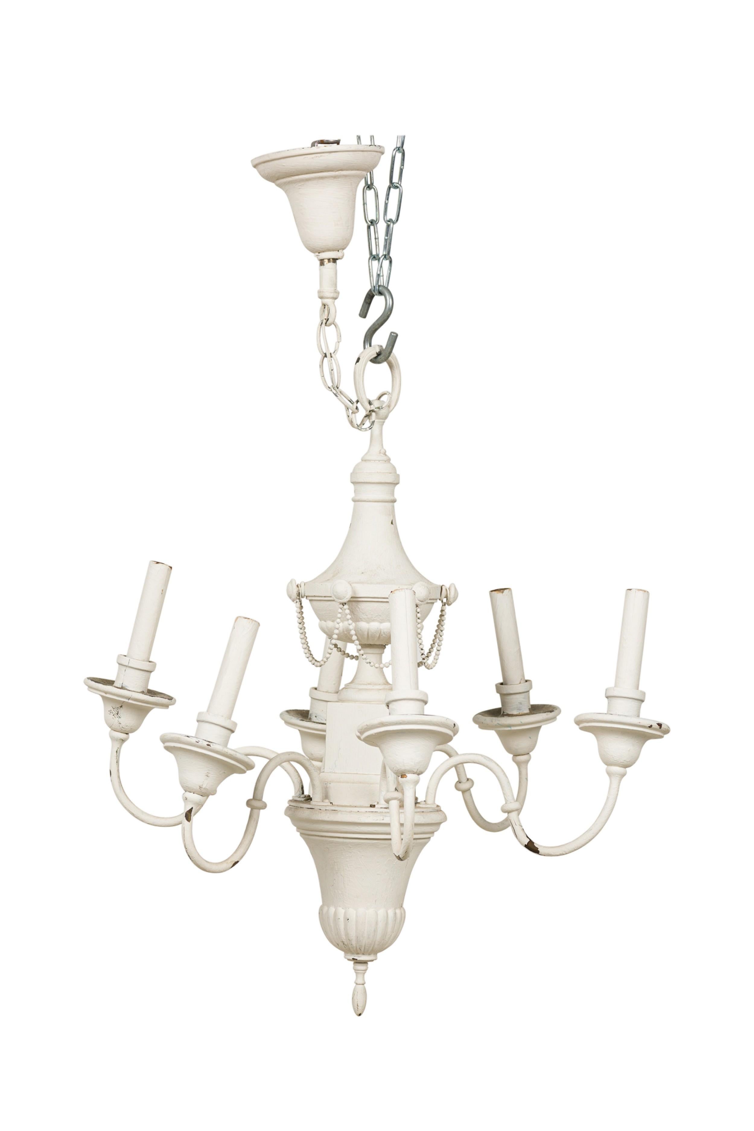 French Empire Style White Painted Tole 6-Light Chandelier In Good Condition For Sale In New York, NY