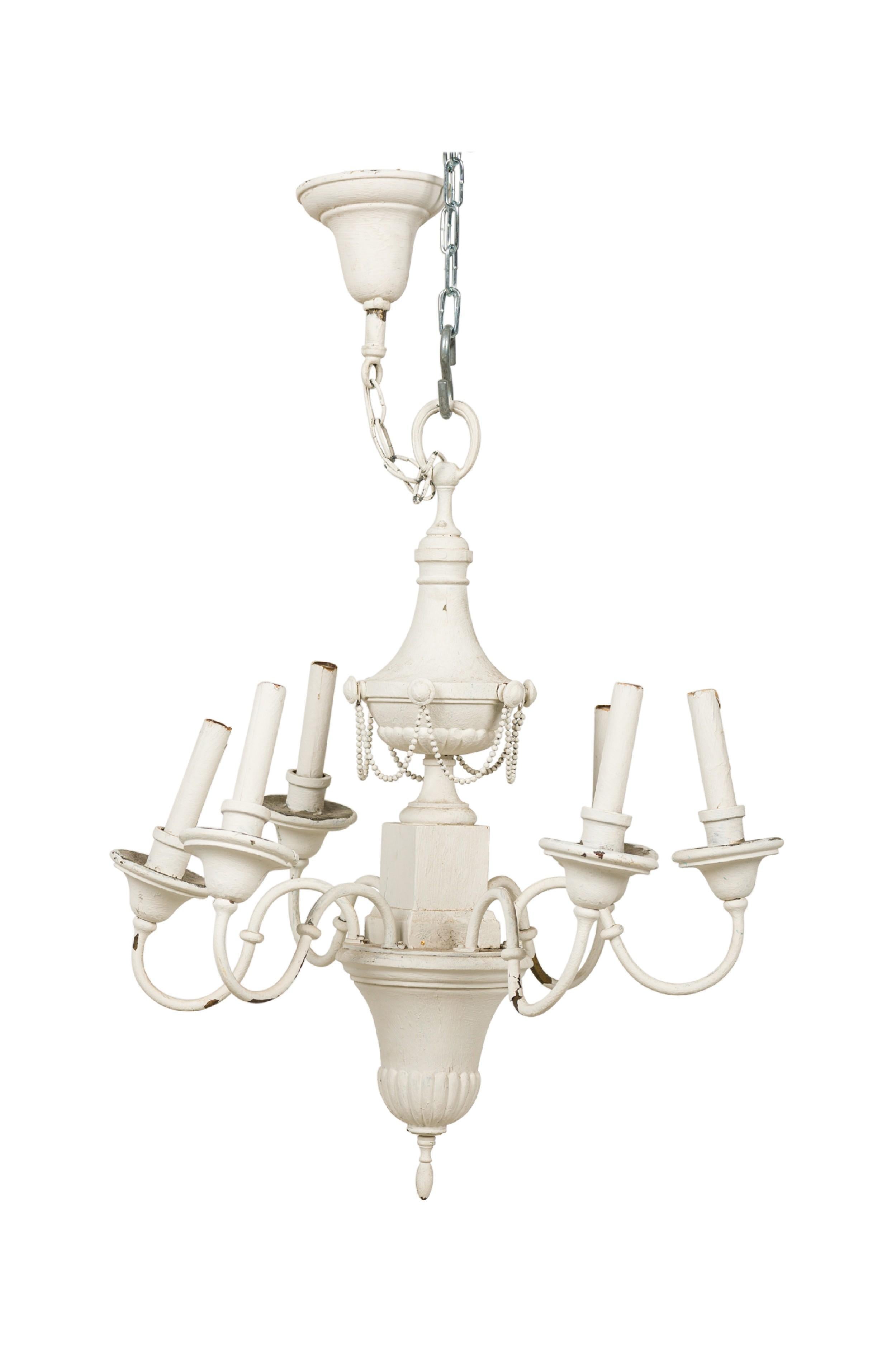 20th Century French Empire Style White Painted Tole 6-Light Chandelier For Sale