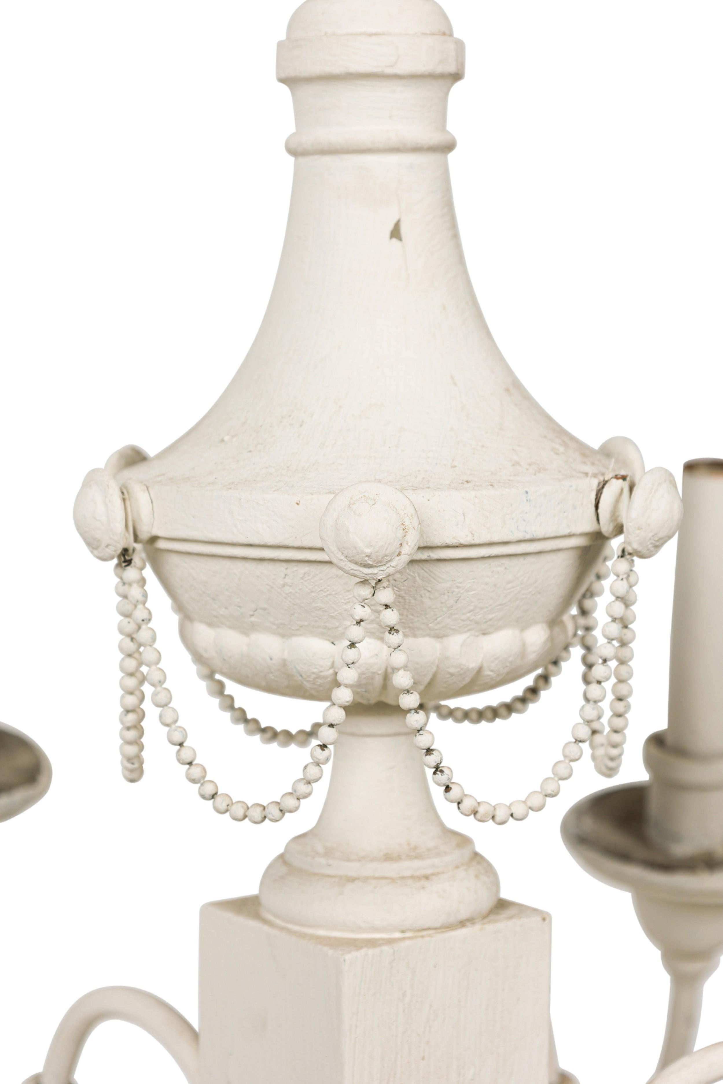 Wood French Empire Style White Painted Tole 6-Light Chandelier For Sale