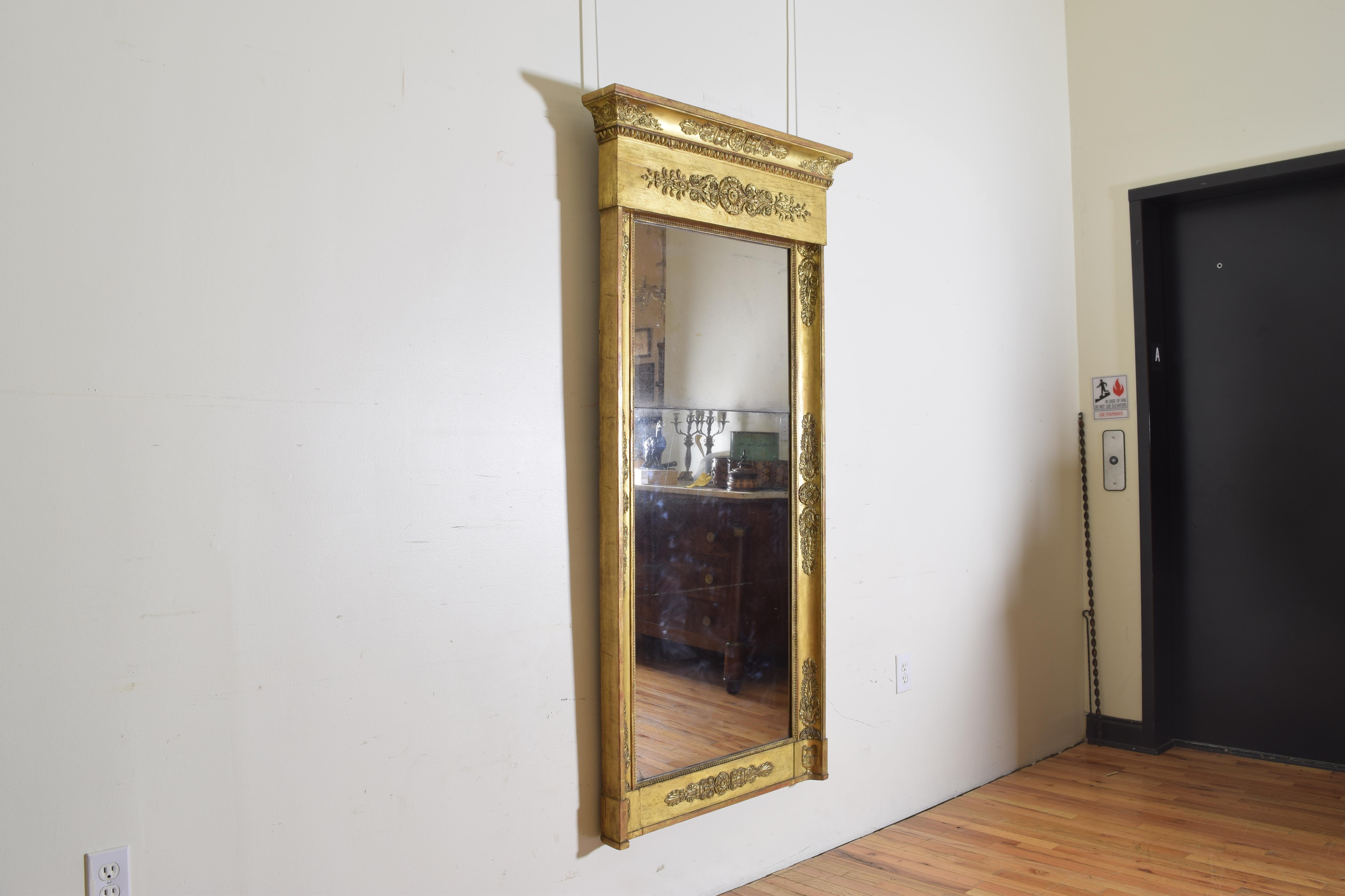 Hand-Carved French Empire Tall Carved Gitwood and Gilt-Gesso Mirror For Sale