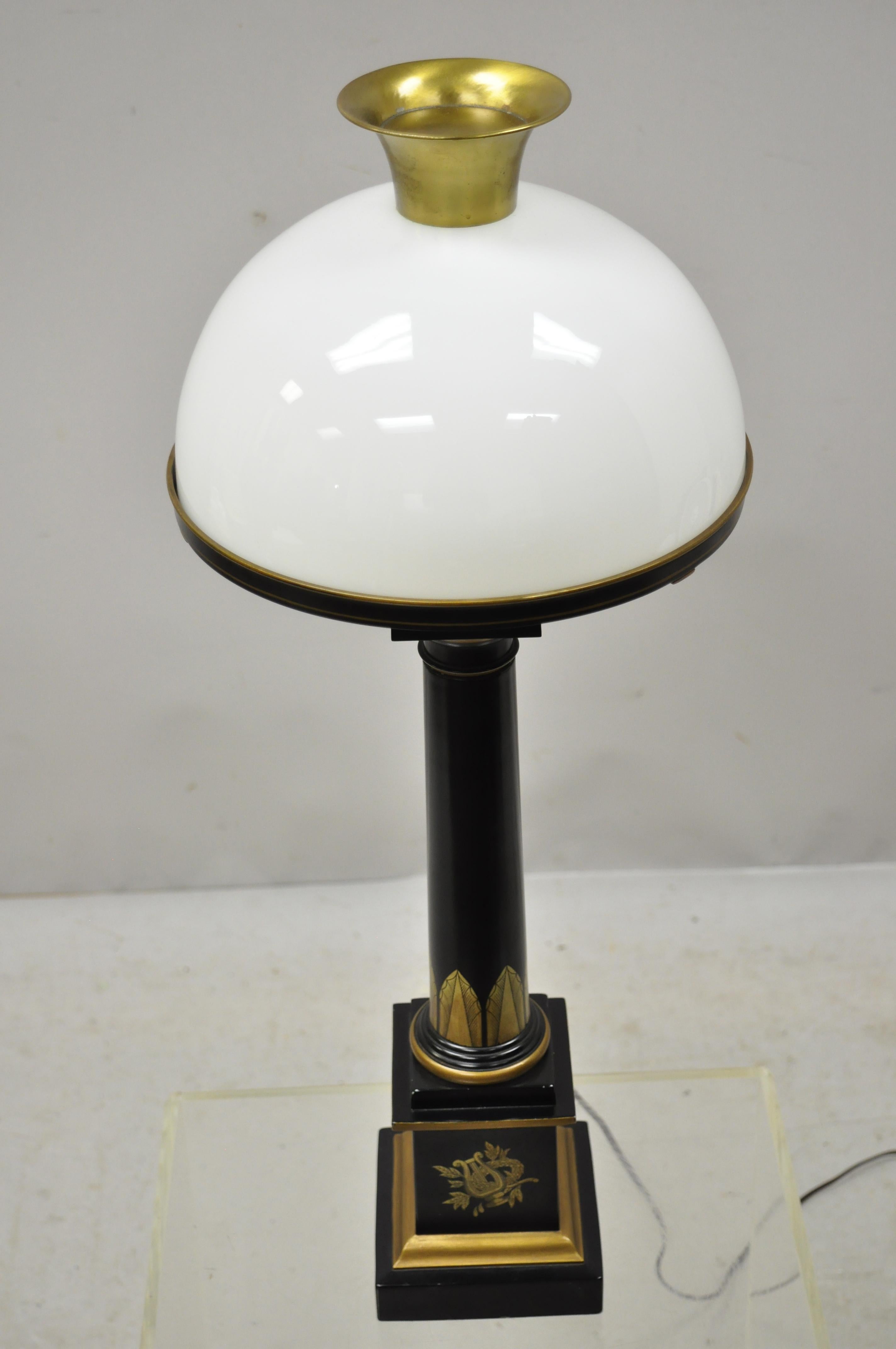 French Empire Tole Metal Column Black Gold Bouillotte Desk Table Lamp with Shade 6