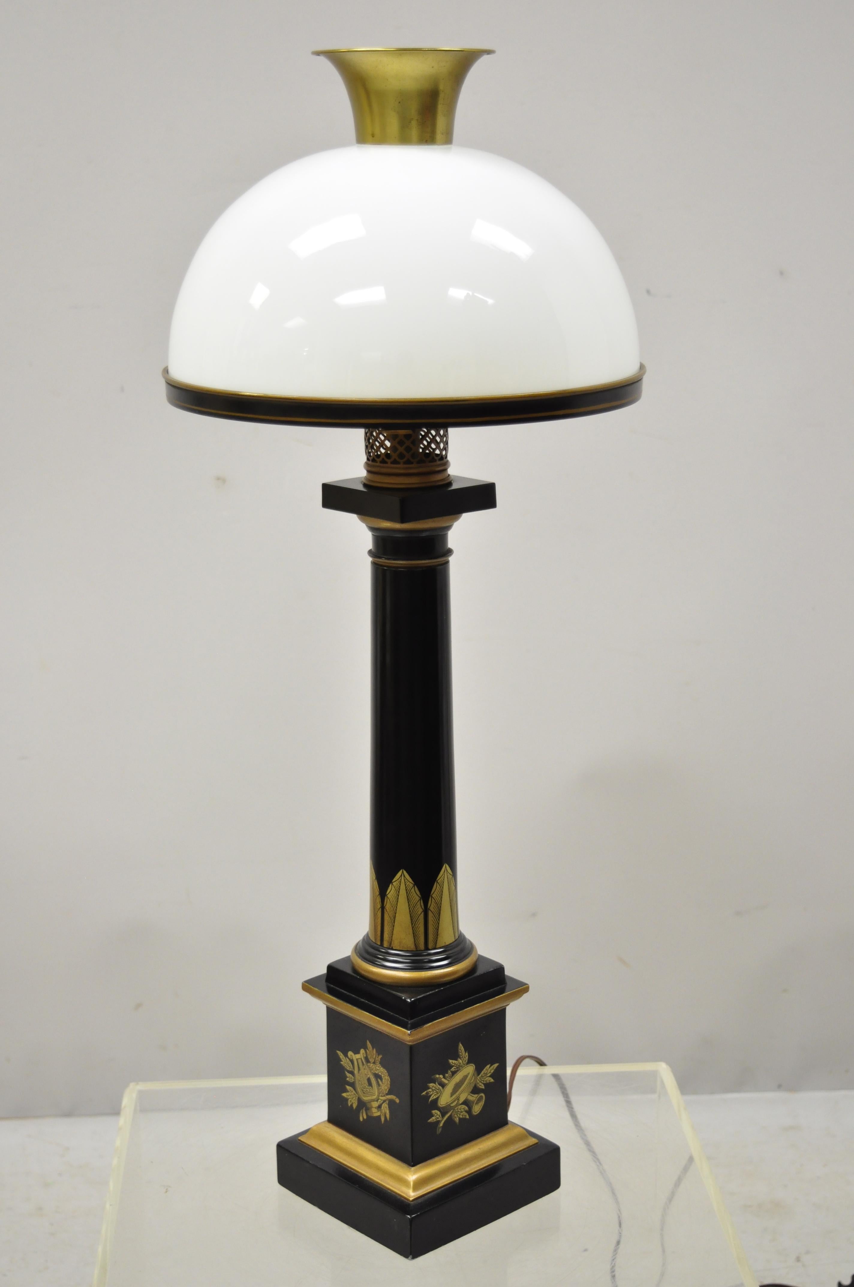 French Empire Tole Metal Column Black Gold Bouillotte Desk Table Lamp with Shade 7