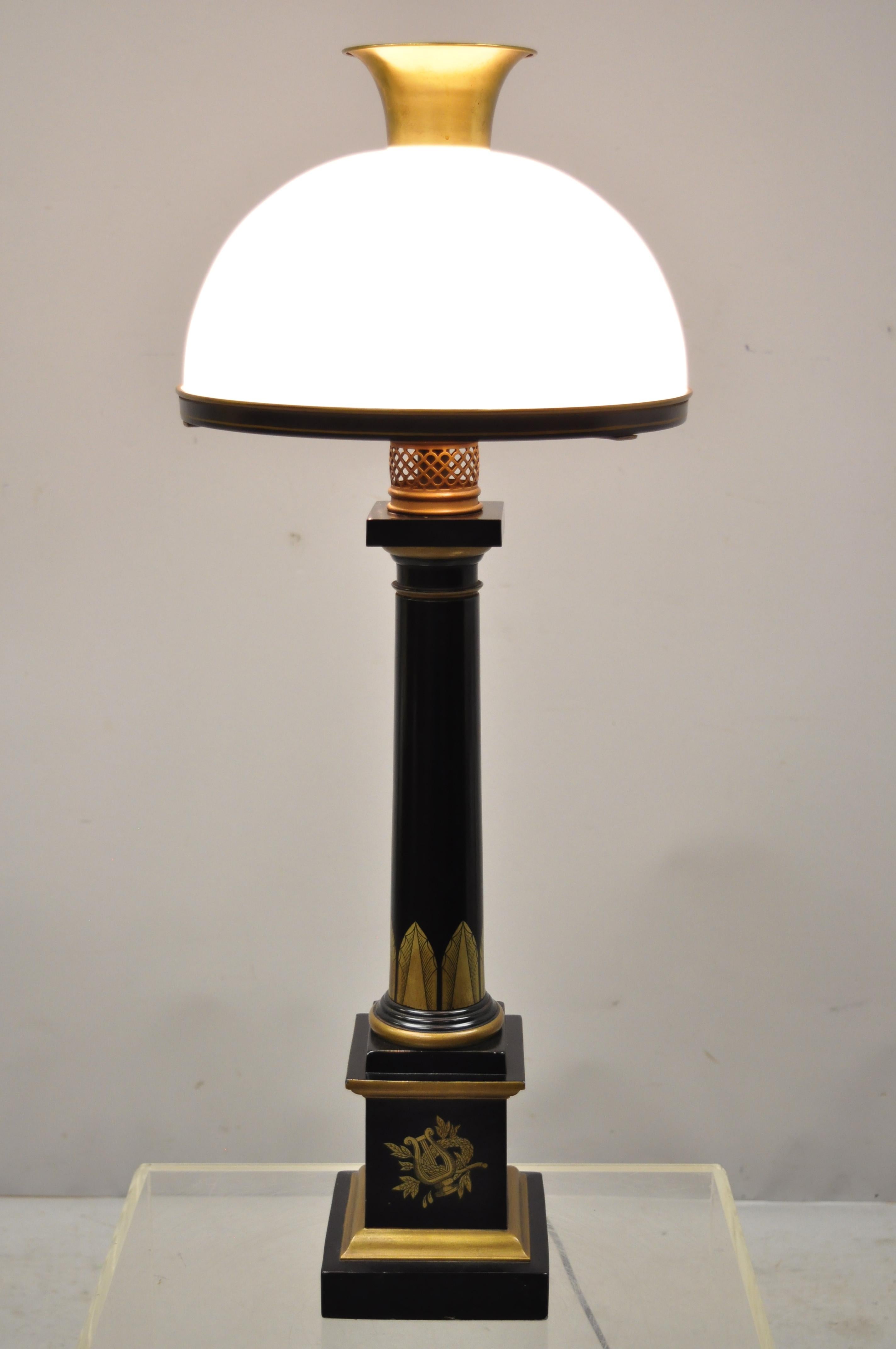 French Empire Tole metal column black gold Bouillotte desk table lamp with glass shade. Item features double light sockets, hand painted details, white milk glass dome shade with brass mount, very nice vintage, quality French craftsmanship, great