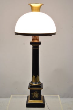 French Empire Tole Metal Column Black Gold Bouillotte Desk Table Lamp with Shade