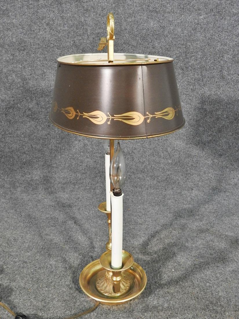 French Empire Tole Painted Metal Shade Brass Bugle Table Lamp, circa 1950s For Sale 1