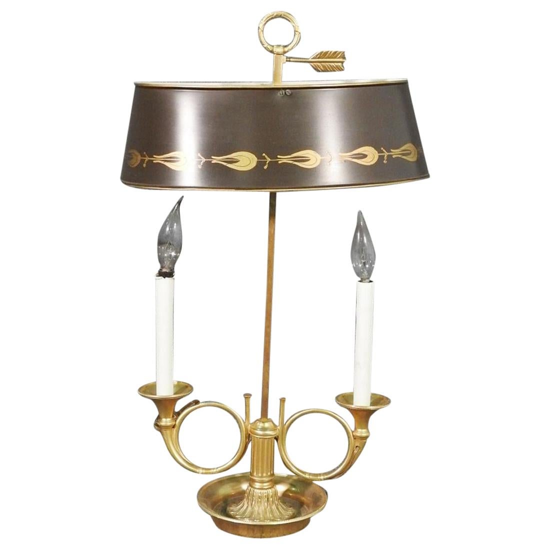 French Empire Tole Painted Metal Shade Brass Bugle Table Lamp, circa 1950s