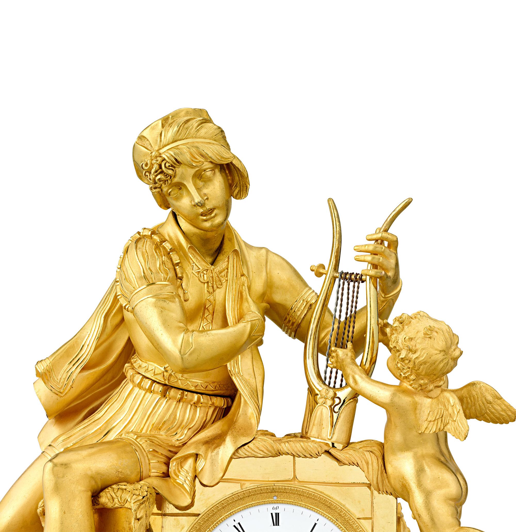 Enameled French Empire Troubadour Mantel Clock For Sale