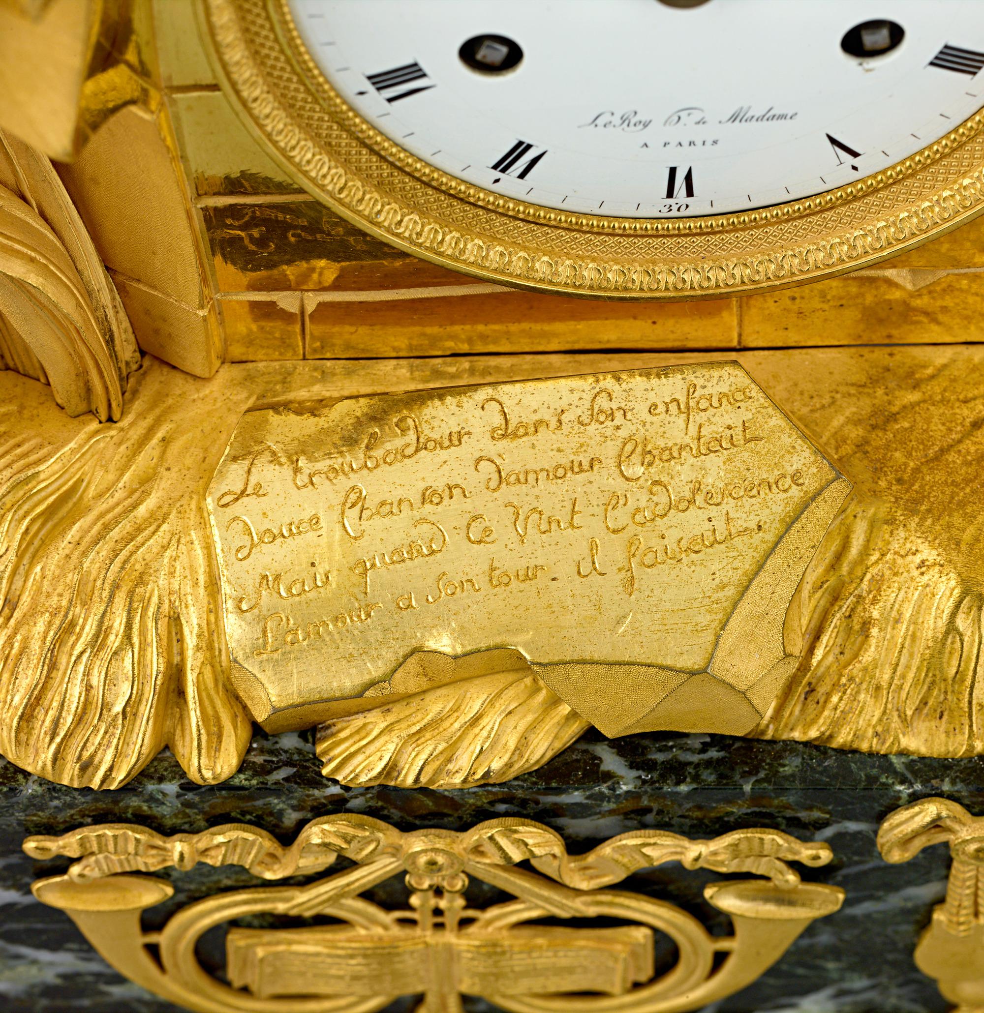 French Empire Troubadour Mantel Clock In Excellent Condition For Sale In New Orleans, LA