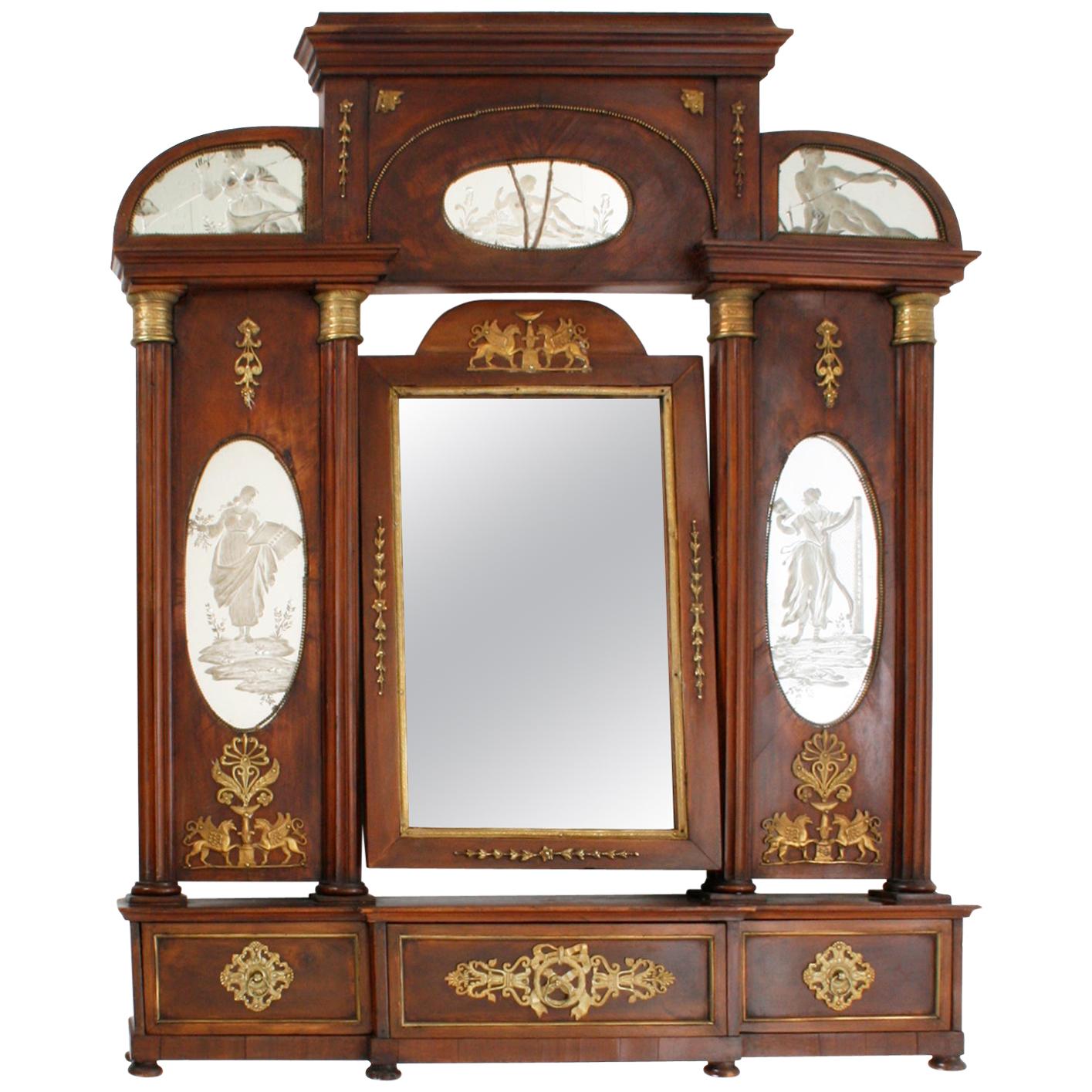 French Empire Vanity Mirror with Original Reverse Etched Glass Panels circa 1800 For Sale