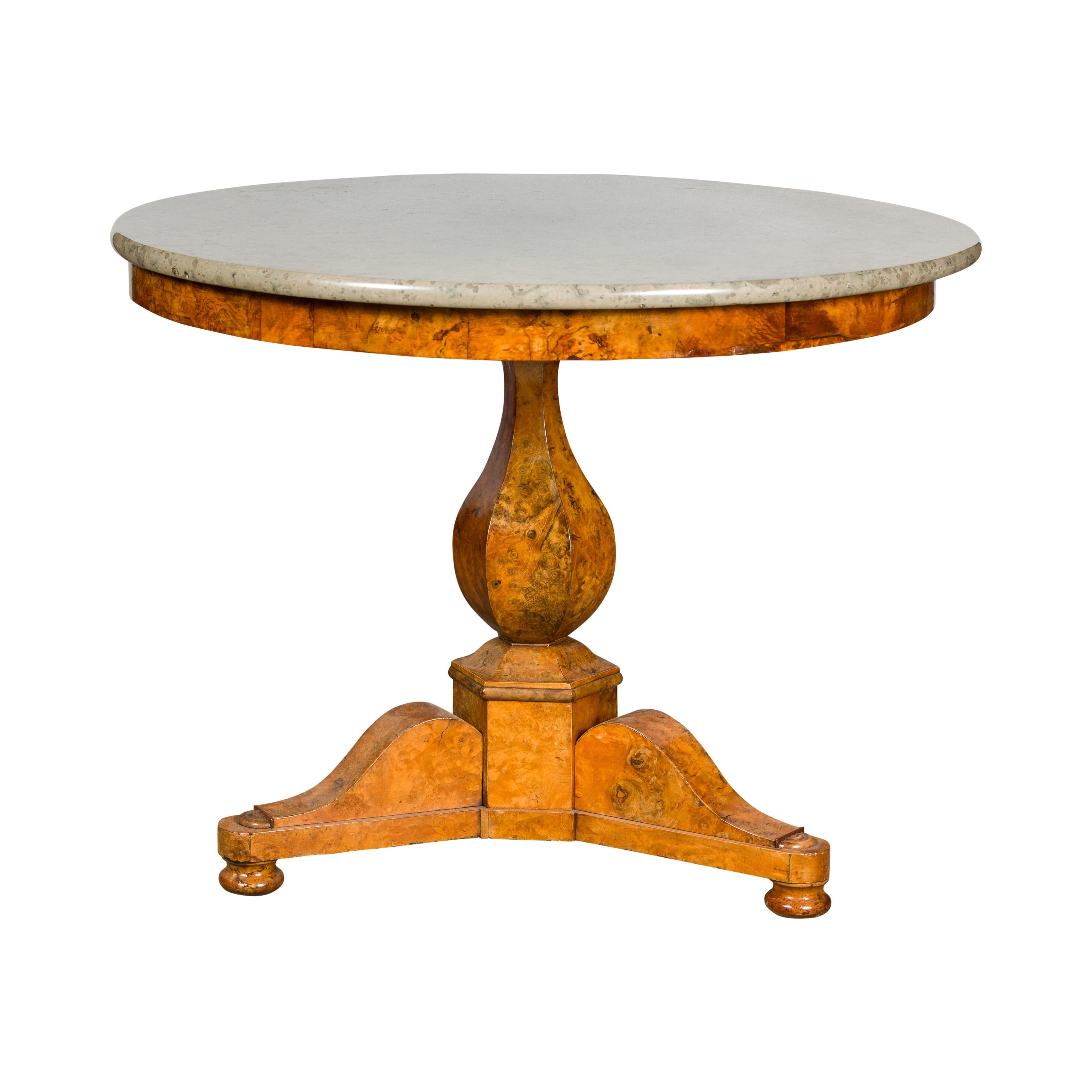 French Empire Walnut Pedestal Table with Round Marble Top and Tripod Base For Sale 6