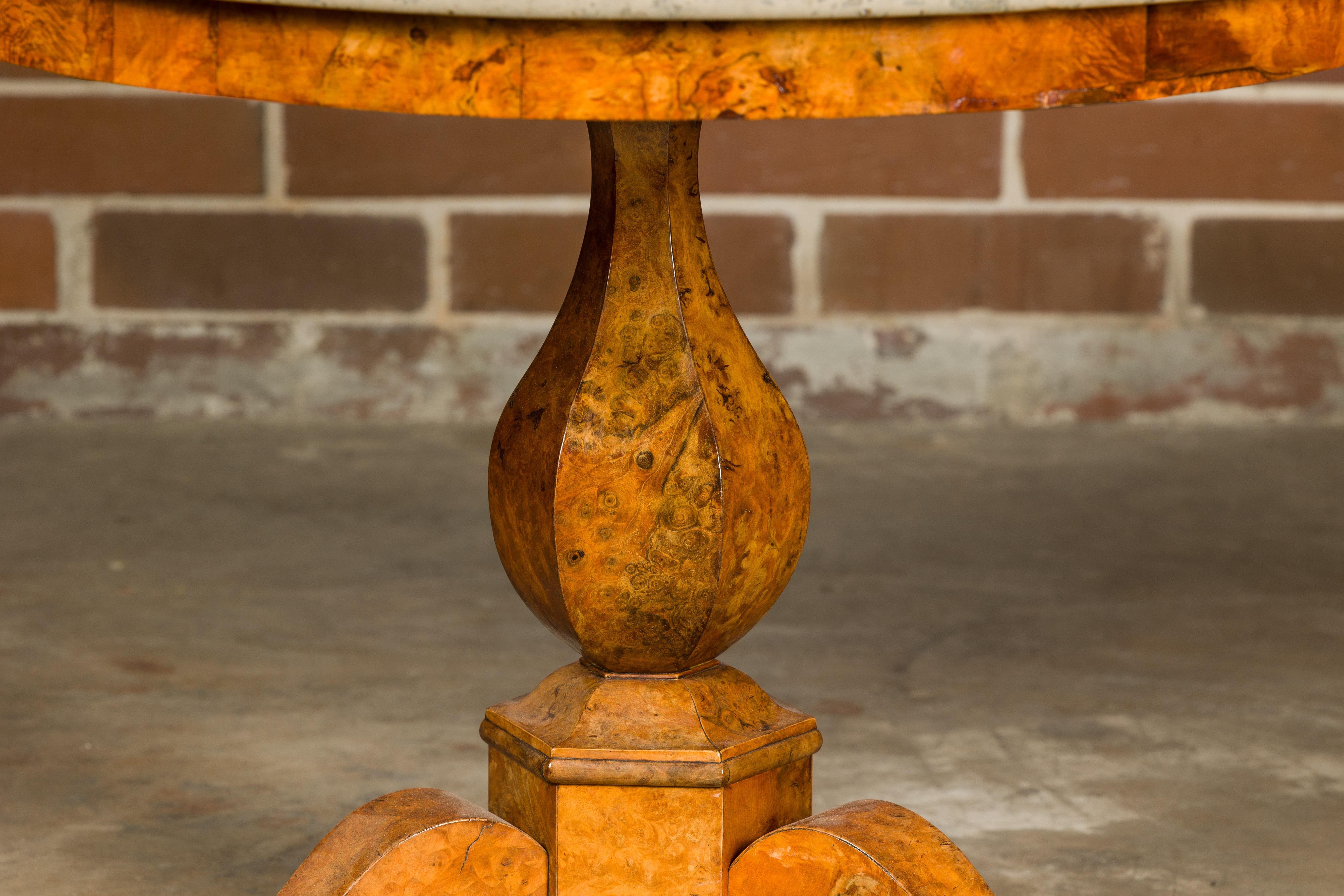 Veneer French Empire Walnut Pedestal Table with Round Marble Top and Tripod Base For Sale