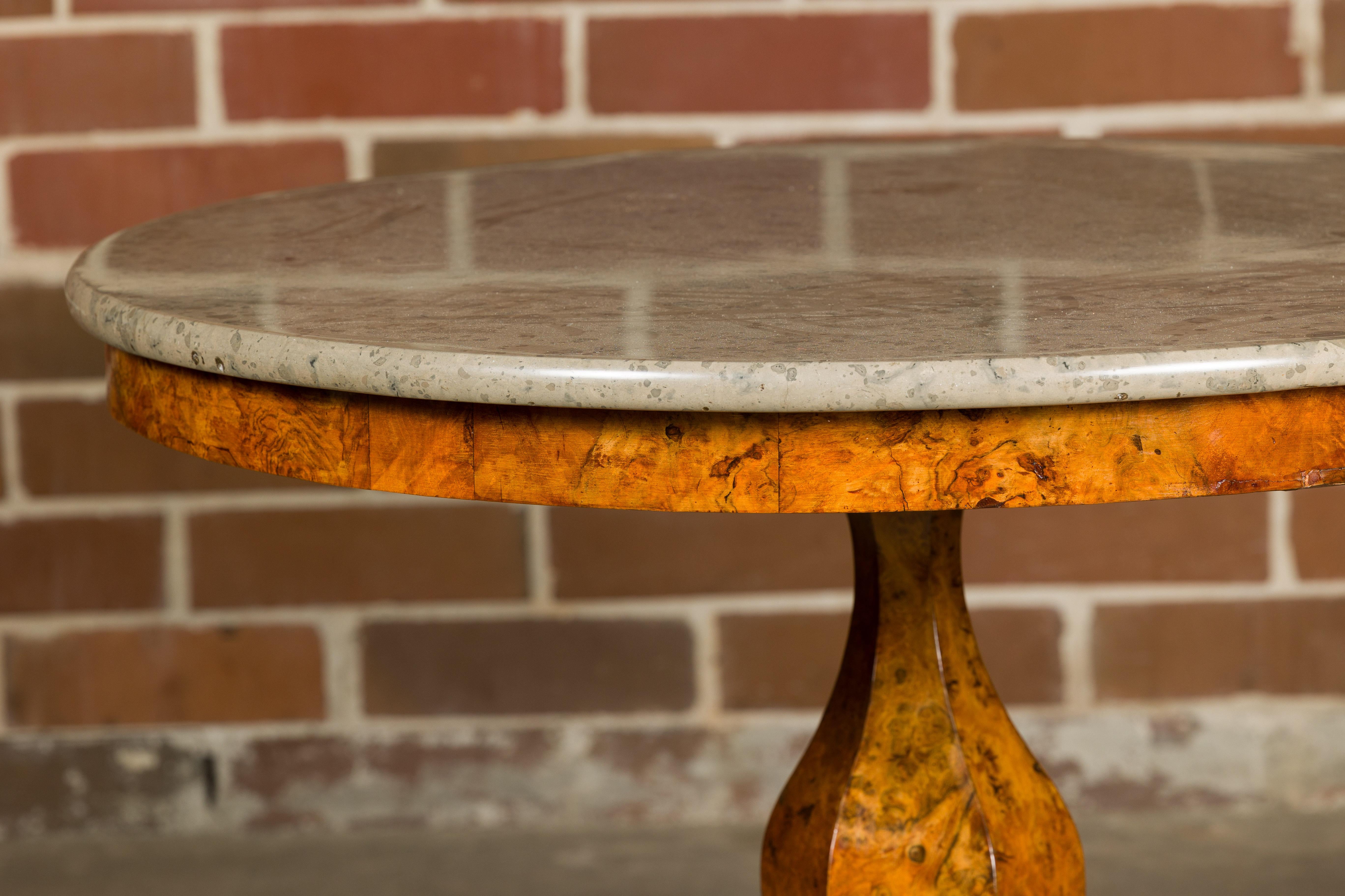 19th Century French Empire Walnut Pedestal Table with Round Marble Top and Tripod Base For Sale