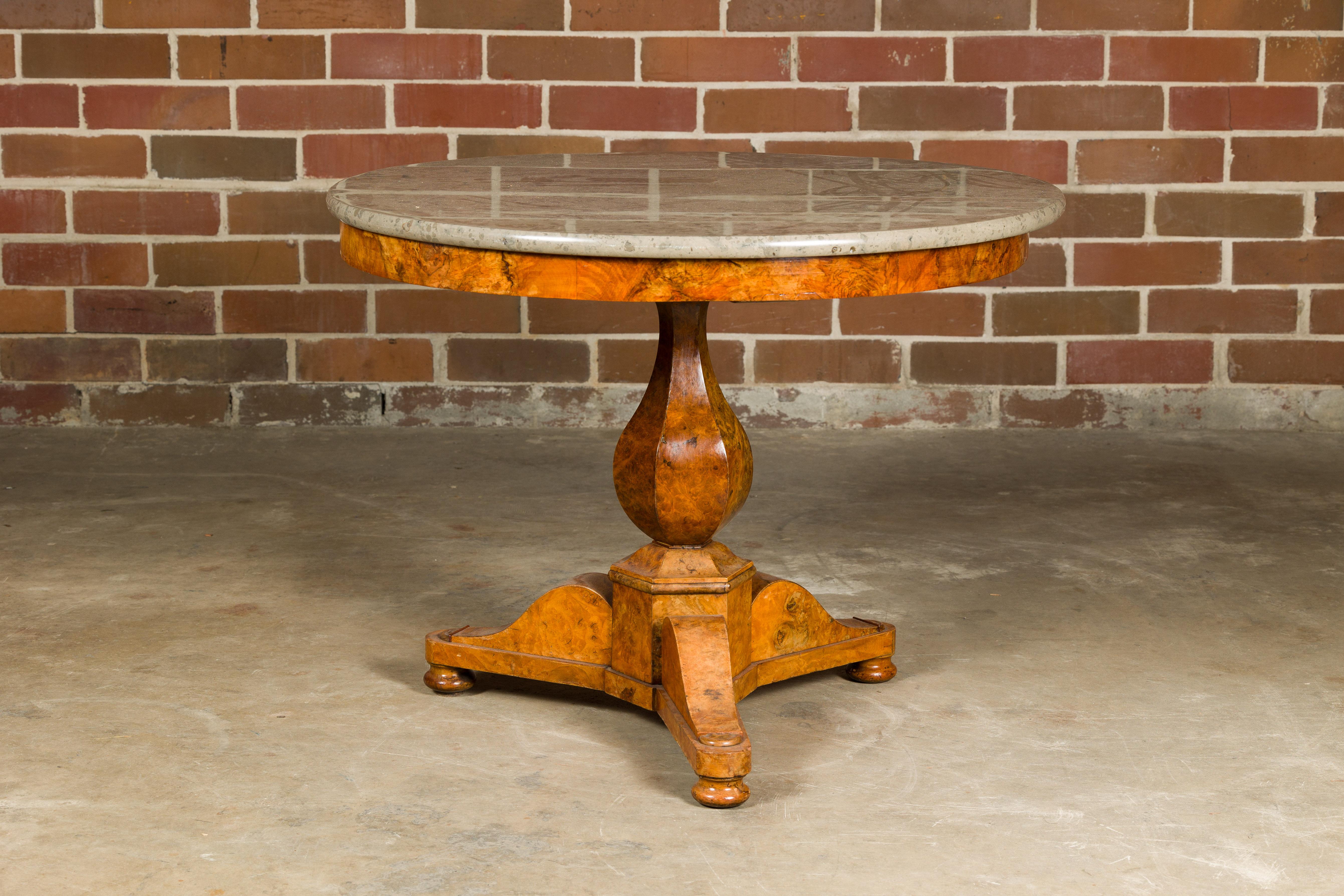 French Empire Walnut Pedestal Table with Round Marble Top and Tripod Base For Sale 2