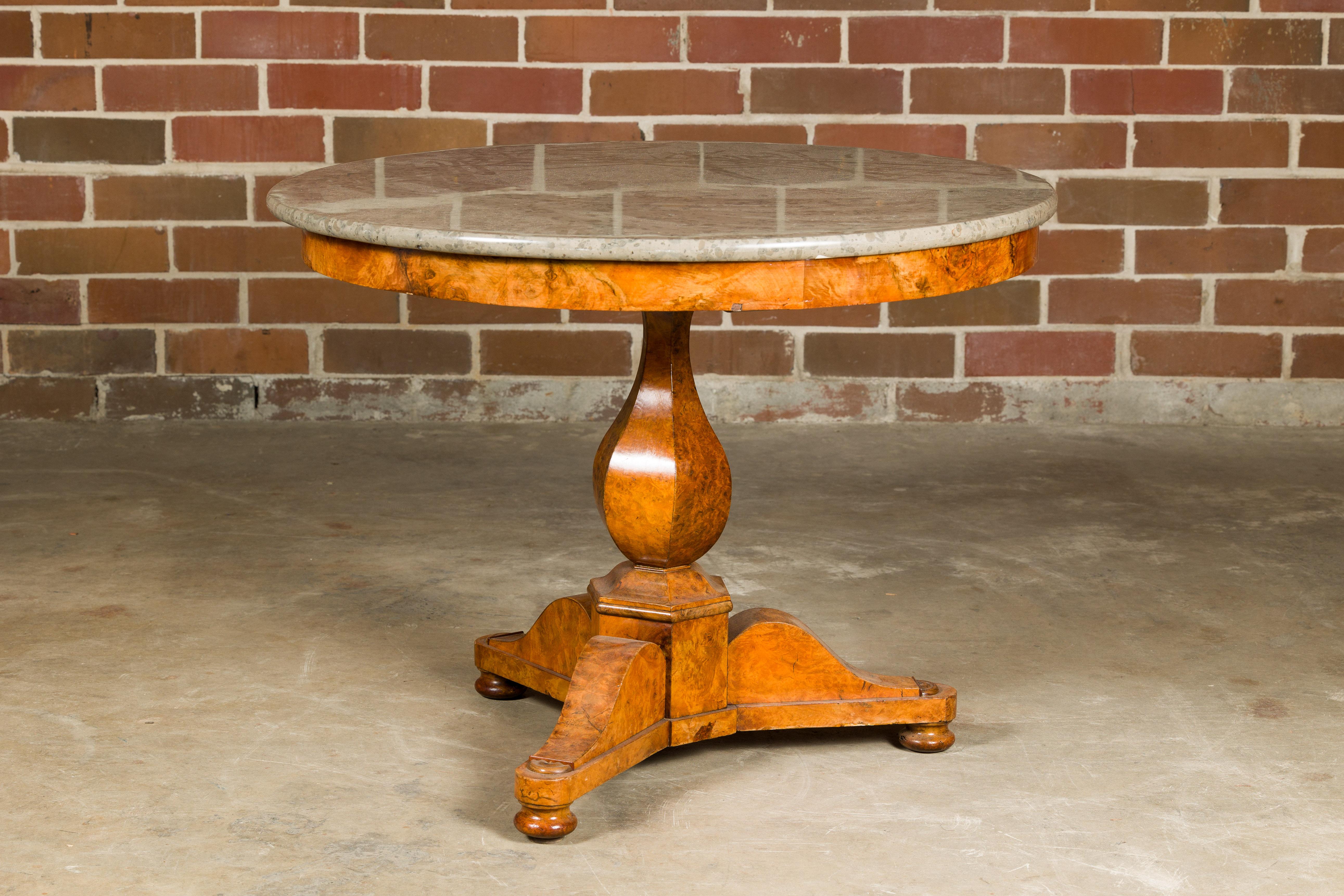French Empire Walnut Pedestal Table with Round Marble Top and Tripod Base For Sale 3