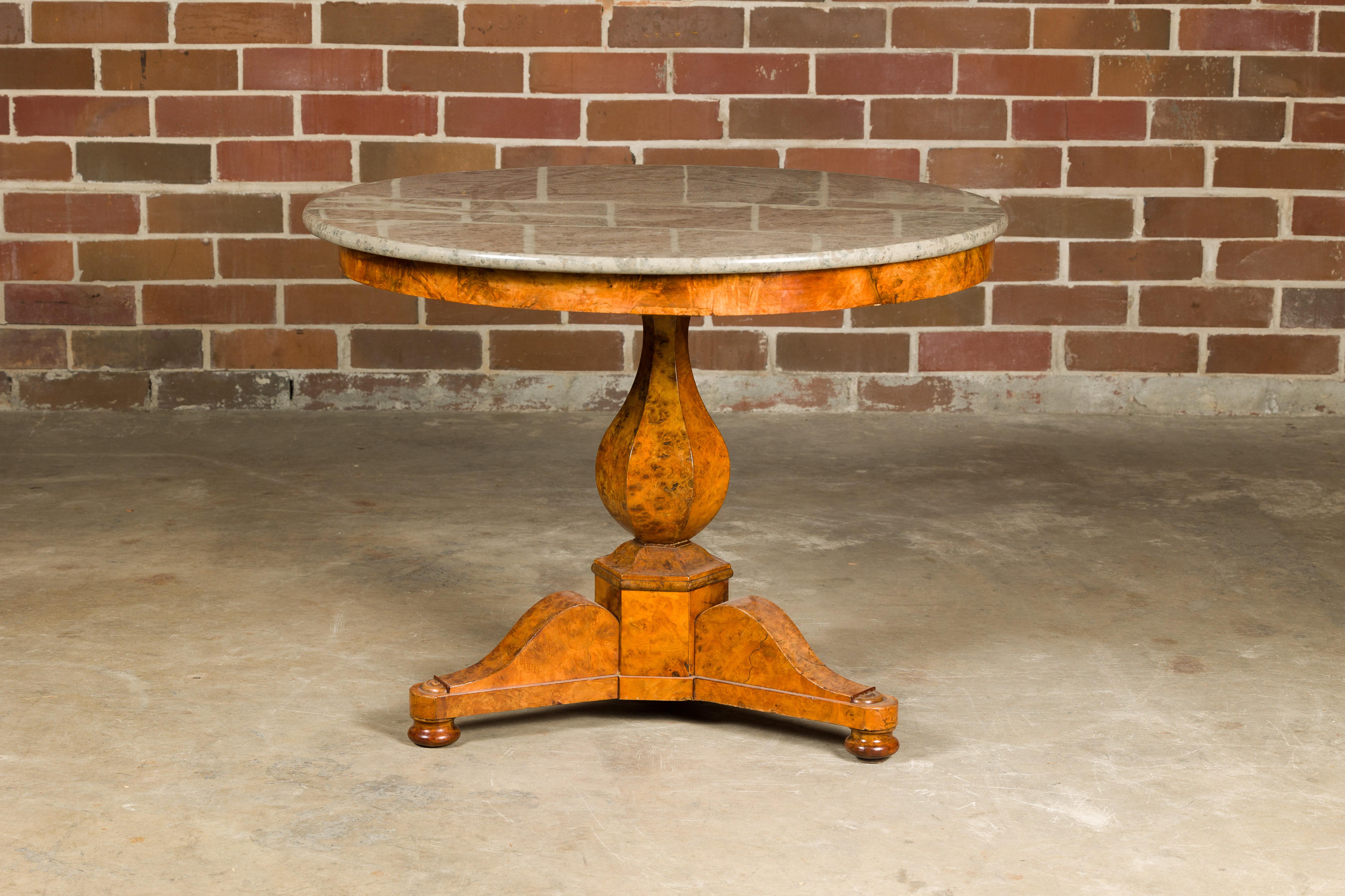 French Empire Walnut Pedestal Table with Round Marble Top and Tripod Base For Sale 4
